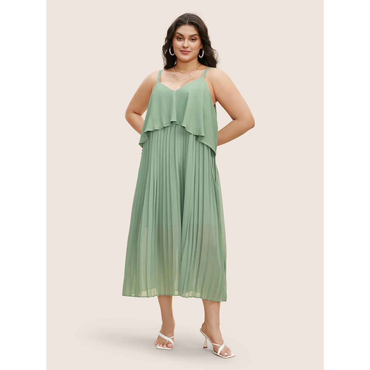 Plus Size Plain Tiered Ruffles Pleated Cami Dress Palemauve Women Elegant Pleated V-neck Sleeveless Curvy BloomChic 26/4X Product Image