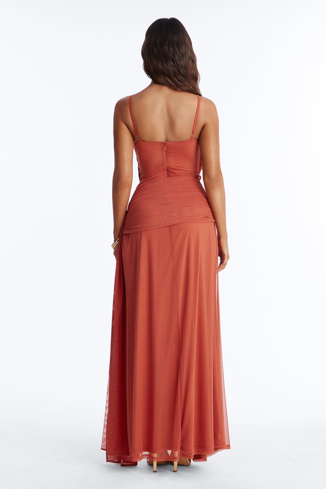 Erin Ruched Mesh Maxi Dress - Marsala Female Product Image