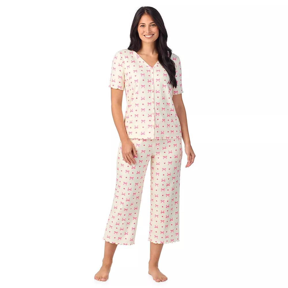 Women's Cuddl Duds® Pointelle Button-Front Pajama Top & Cropped Pajama Bottoms Set, Size: XXL, Ivory Bows Product Image