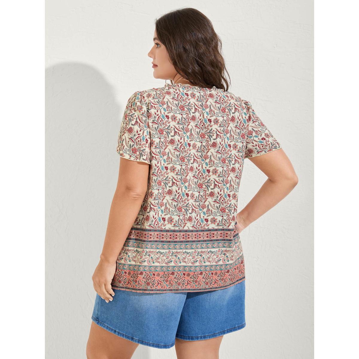 Plus Size Multicolor Sheer Lace Ruffled Neck Floral Blouse Women Boho Short sleeve Round Neck Vacation Blouses BloomChic 12/L Product Image