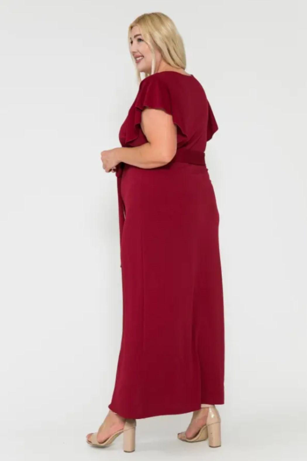 V Neck Front Button Waist Belt SS Maxi Dress Product Image