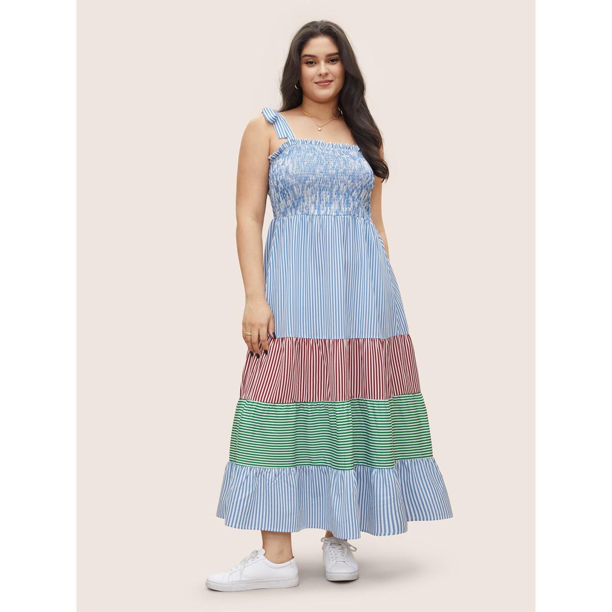 Plus Size Contrast Striped Patchwork Shirred Ties Dress LightBlue Women Casual Non Non Sleeveless Curvy Midi Dress BloomChic 26/4X Product Image