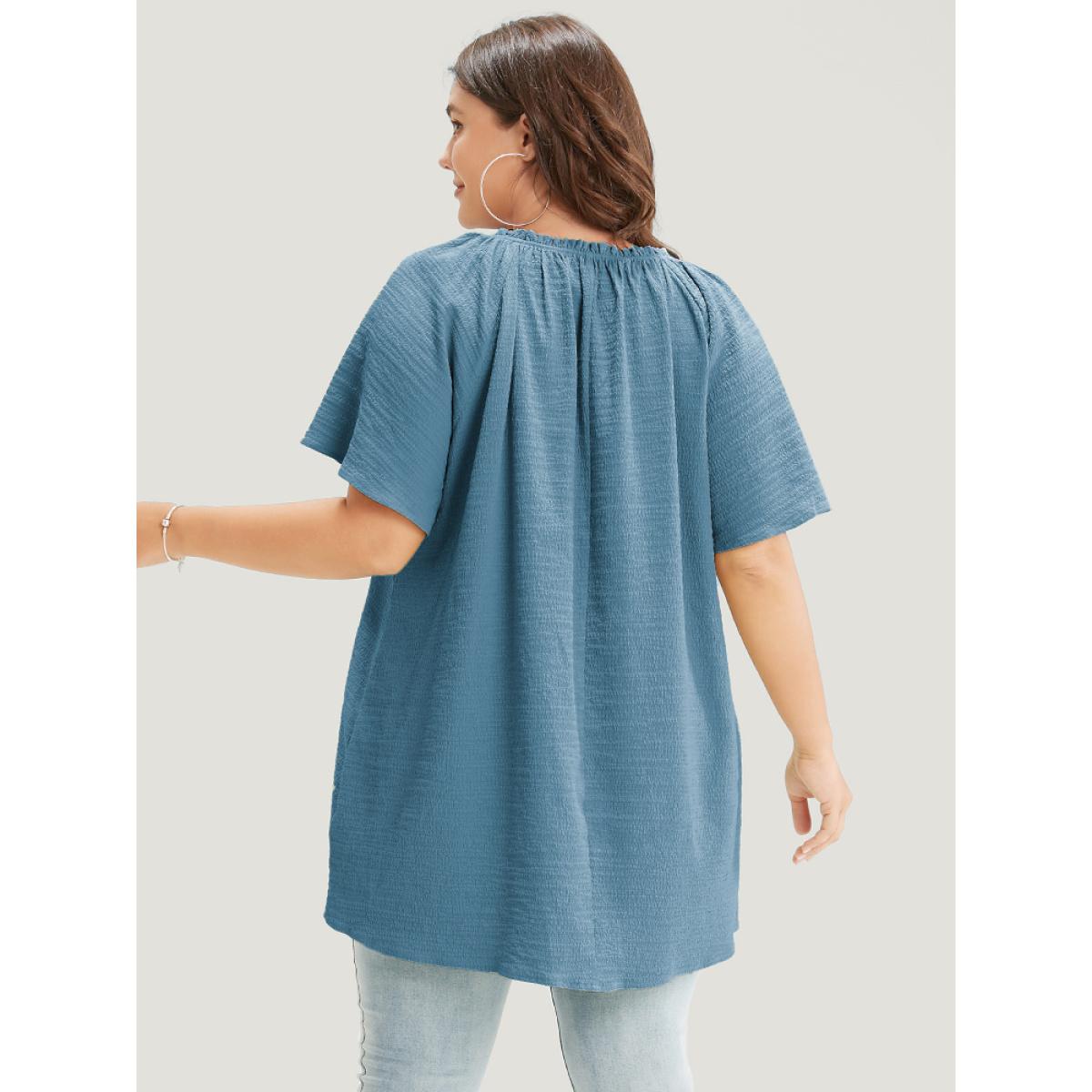 Plus Size Aegean Plain Notched High Low Hem Ruffle Sleeve Frill Trim Blouse Women Elegant Short sleeve V-neck Dailywear Blouses BloomChic 30/6X Product Image