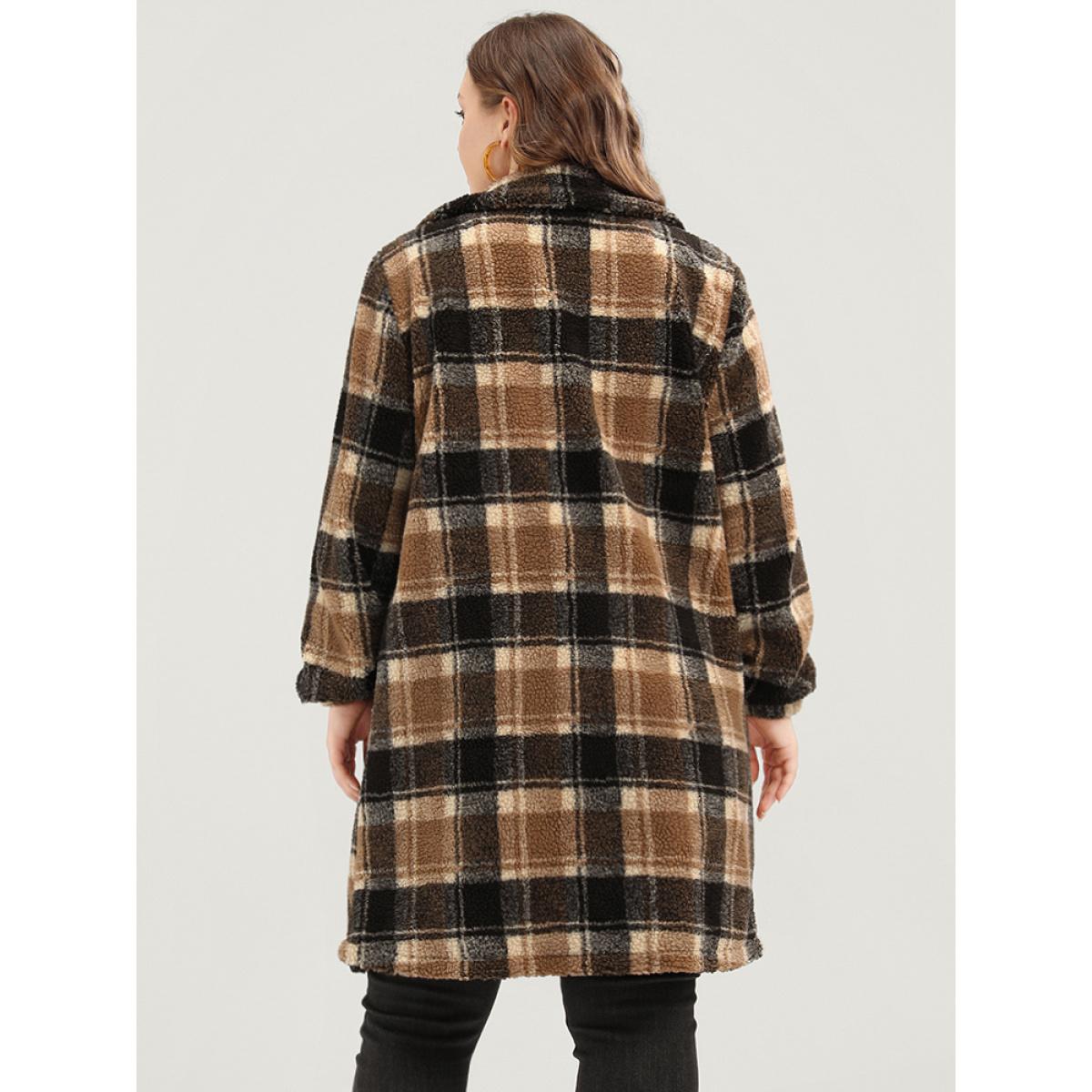 Plus Size Plaid Flap Pocket Button Up Teddy Coat Women Bronze Elegant Button Ladies Dailywear Winter Coats BloomChic 18-20/2X Product Image