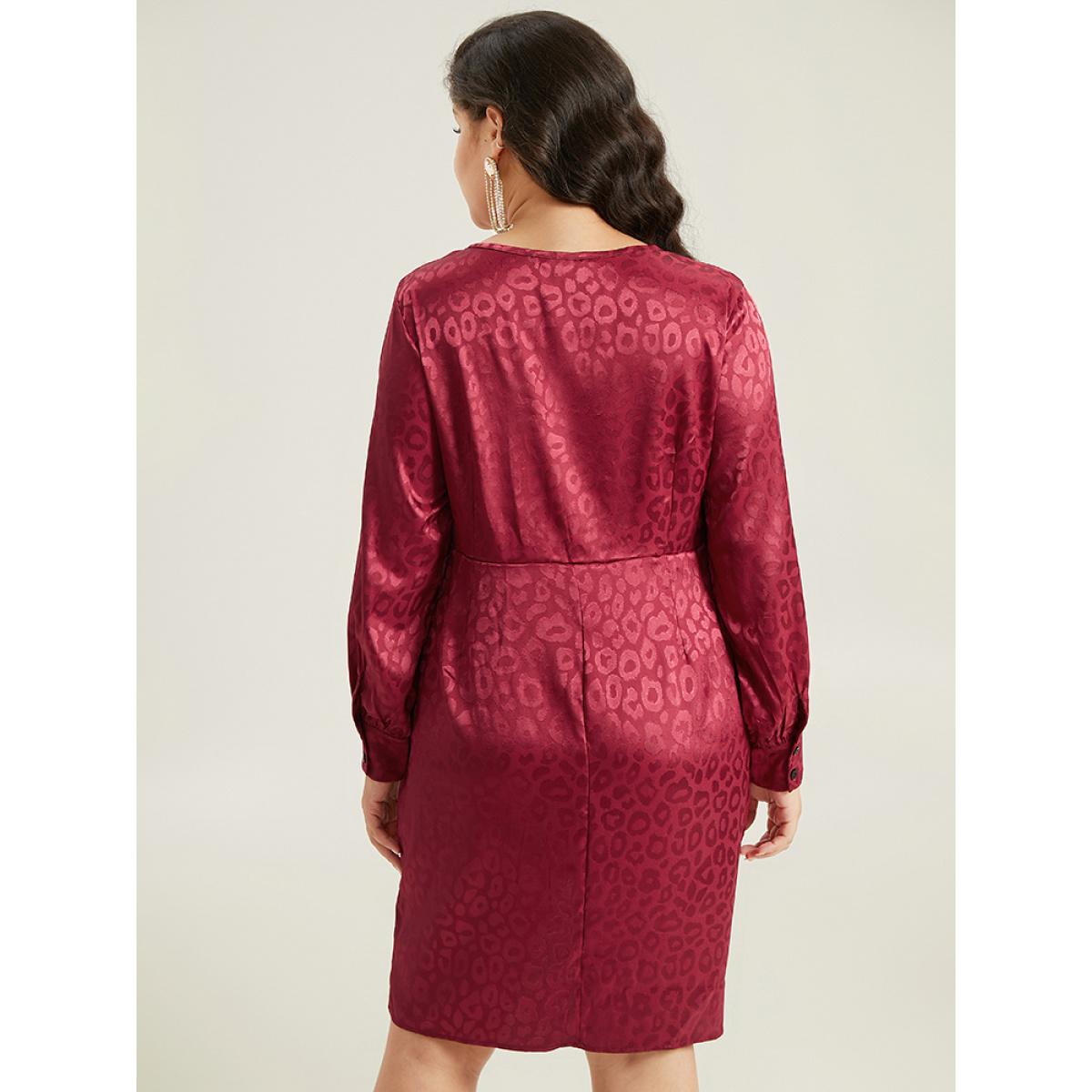 Plus Size Solid V Neck Gathered Wrap Hem Dress Scarlet Women Party Plain V-neck Long Sleeve Curvy Knee Dress BloomChic 18-20/2X Product Image