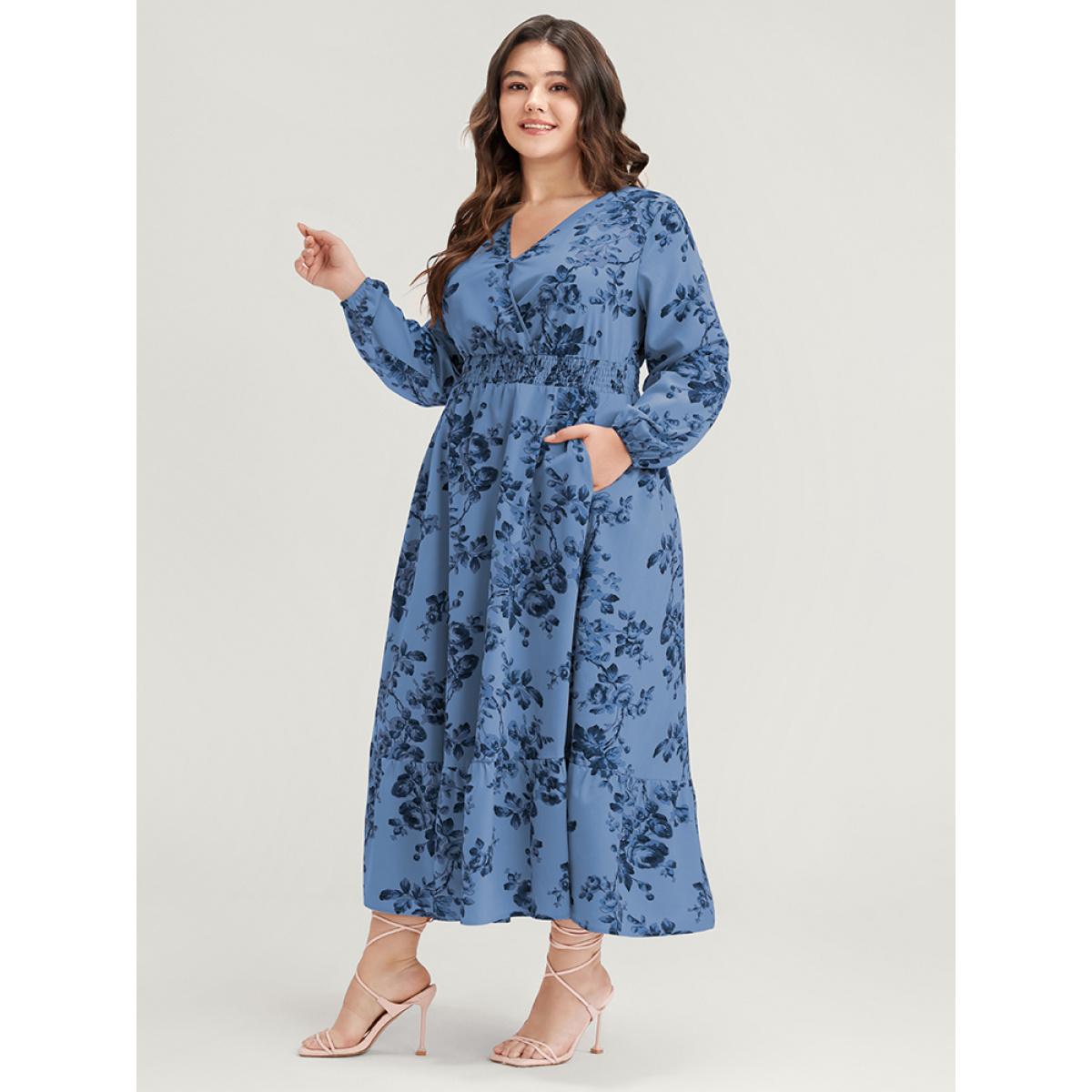 Plus Size Floral Wrap Lantern Sleeve Pocket Shirred Ruffle Hem Dress Cerulean Women Elegant Pocket V-neck Long Sleeve Curvy Midi Dress BloomChic 30/6X Product Image