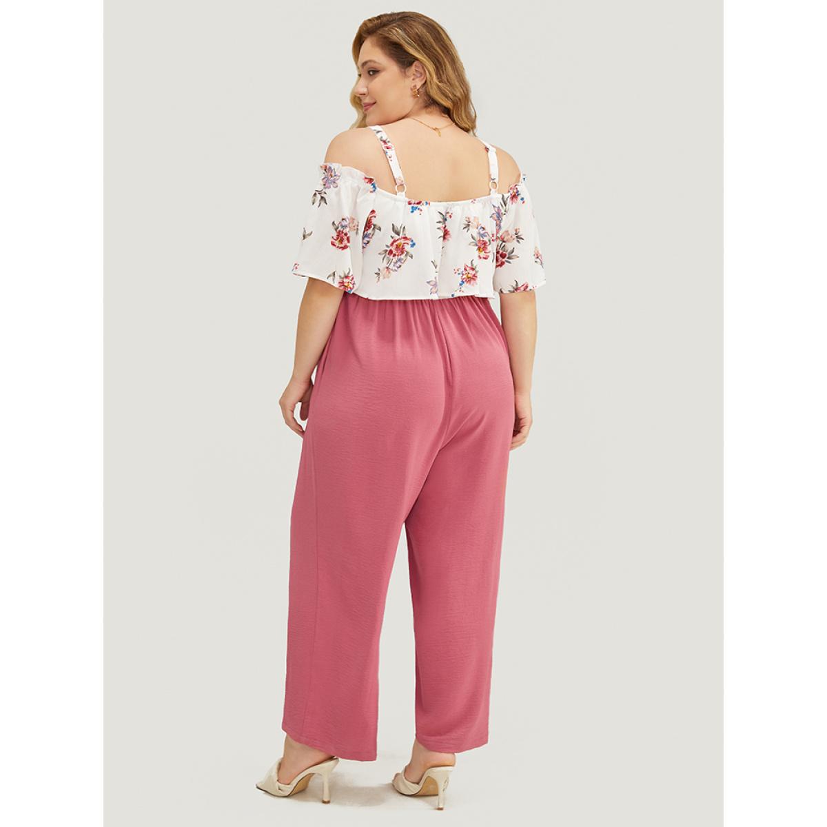 Plus Size DustyPink Floral Patchwork Pocket Ruffle Trim Cold Shoulder Jumpsuit Women Elegant Short sleeve Cold Shoulder Dailywear Loose Jumpsuits BloomChic 30/6X Product Image