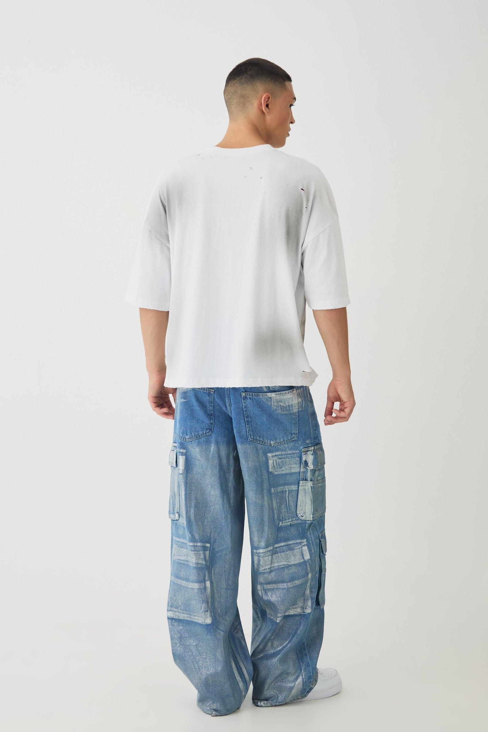 Baggy Rigid Sliver Metallic Coated Denim Cargo Jeans | boohooMAN USA Product Image