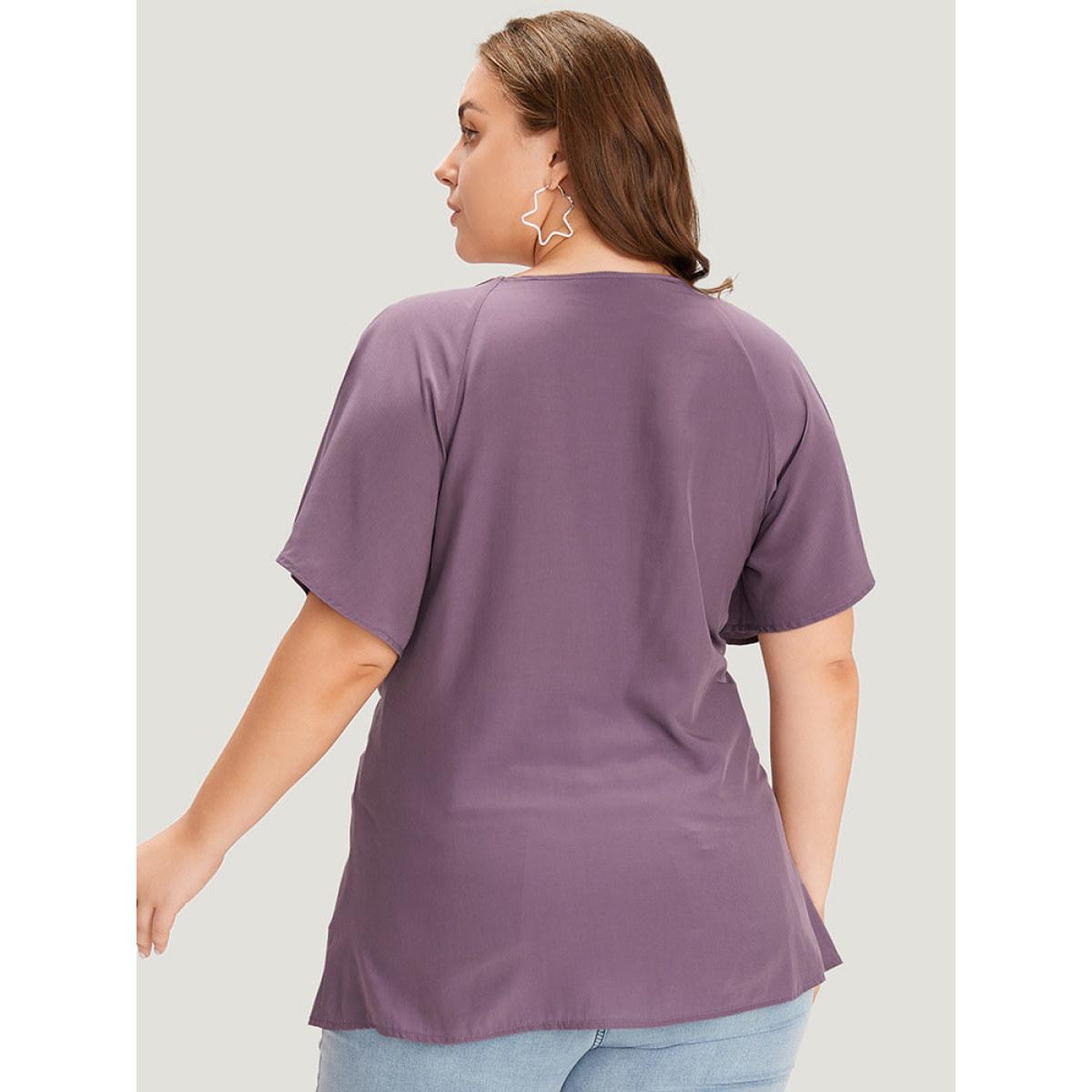 Plus Size Mauve Supersoft Essentials Plain Keyhole Twist Front Ruffle Blouse Women Elegant Short sleeve Round Neck Dailywear Blouses BloomChic 26/4X Product Image