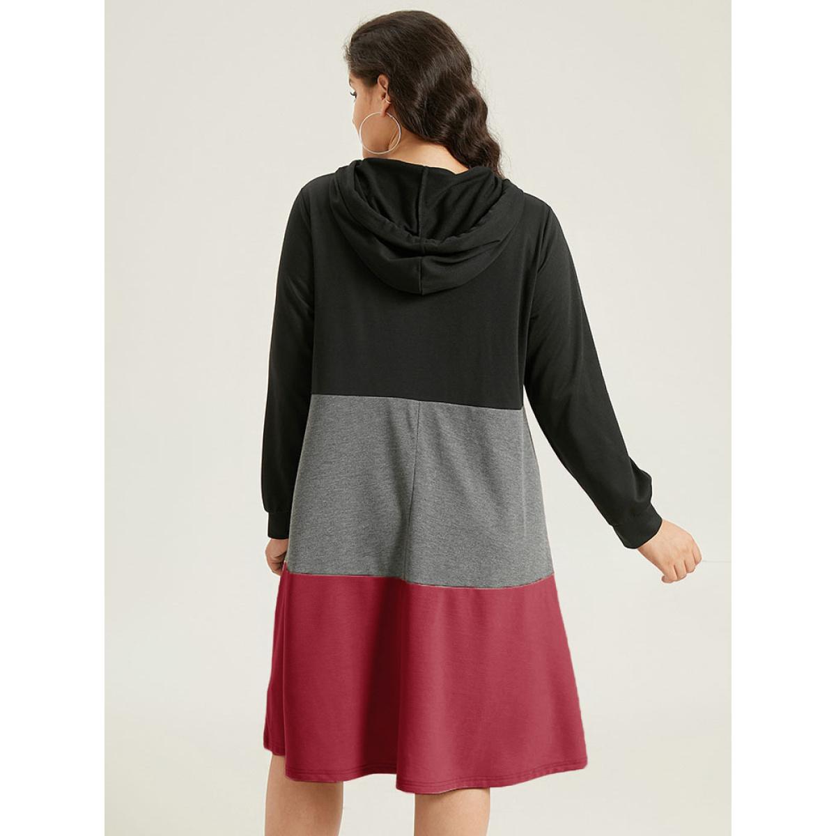 Plus Size Colorblock Contrast Hooded Drawstring Dress Scarlet Women Casual Contrast Hooded Long Sleeve Curvy Midi Dress BloomChic 30/6X Product Image