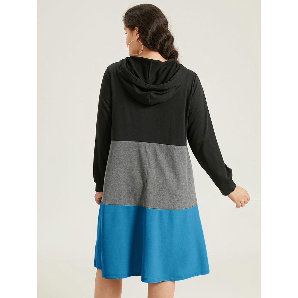 Plus Size Colorblock Contrast Hooded Drawstring Dress Scarlet Women Casual Contrast Hooded Long Sleeve Curvy Midi Dress BloomChic 30/6X Product Image