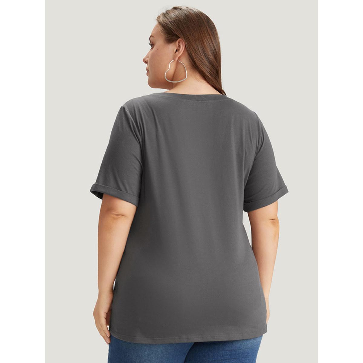 Plus Size Feather Print Roll Sleeve T-shirt DimGray Women Casual Printed Feather Dailywear T-shirts BloomChic 22-24/3X Product Image