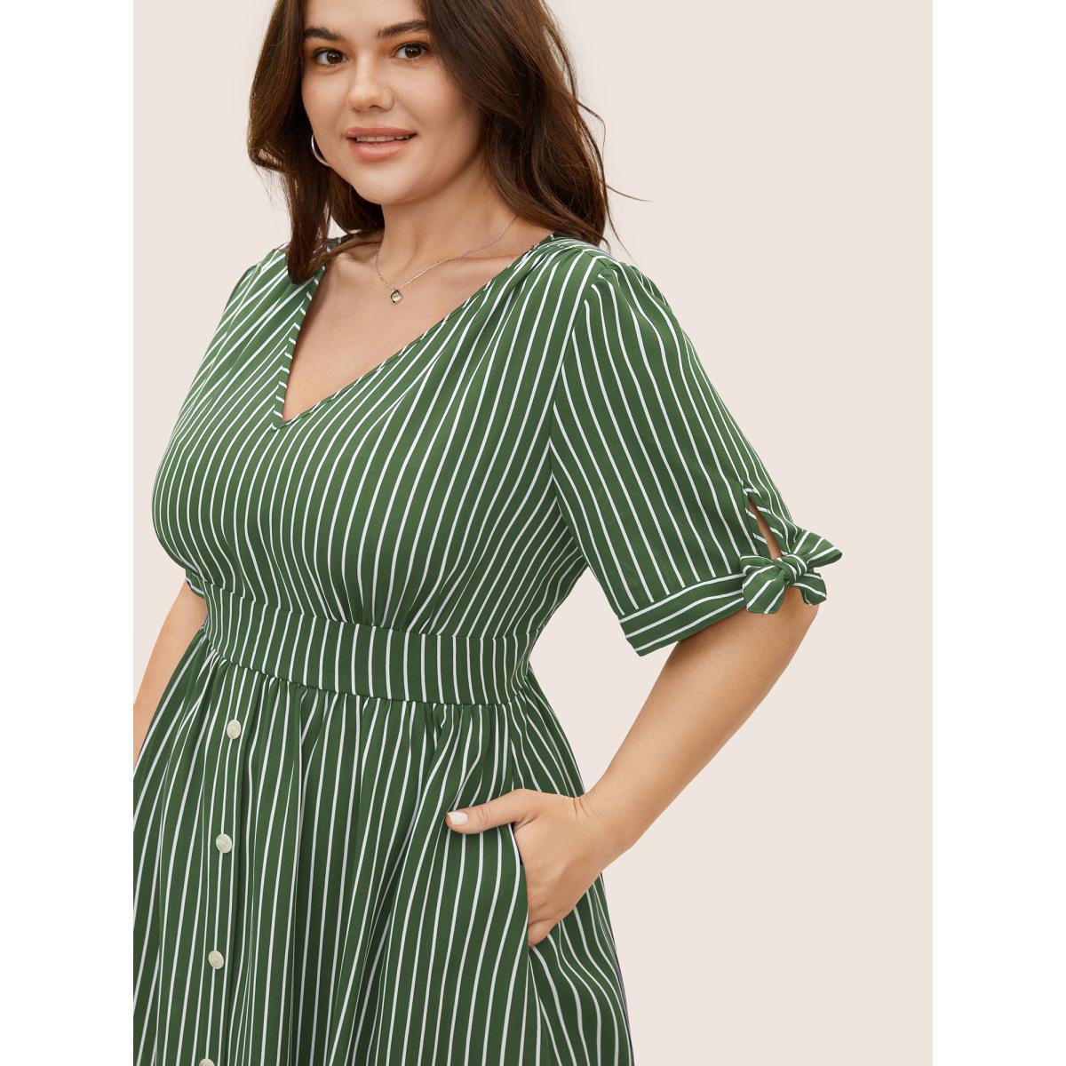 Plus Size Striped Knot Sleeve Button Detail Dress Truegreen Women At the Office Tie knot V-neck Short sleeve Curvy BloomChic 26/4X Product Image