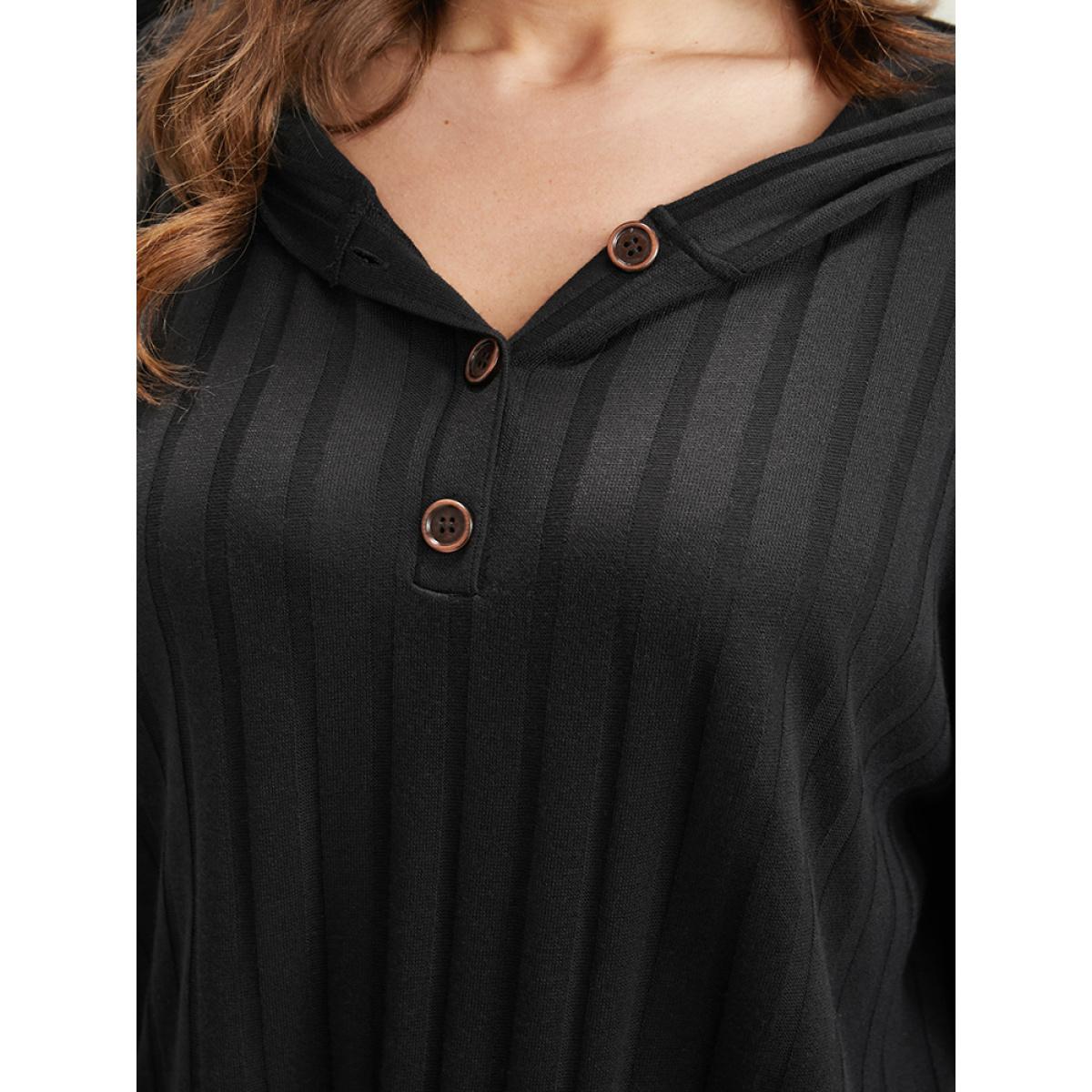 Plus Size Solid Button Rib Knit Arc Hem Hooded Sweatshirt Women Black Elegant Arc Hem Hooded Dailywear Sweatshirts BloomChic 28/5X Product Image