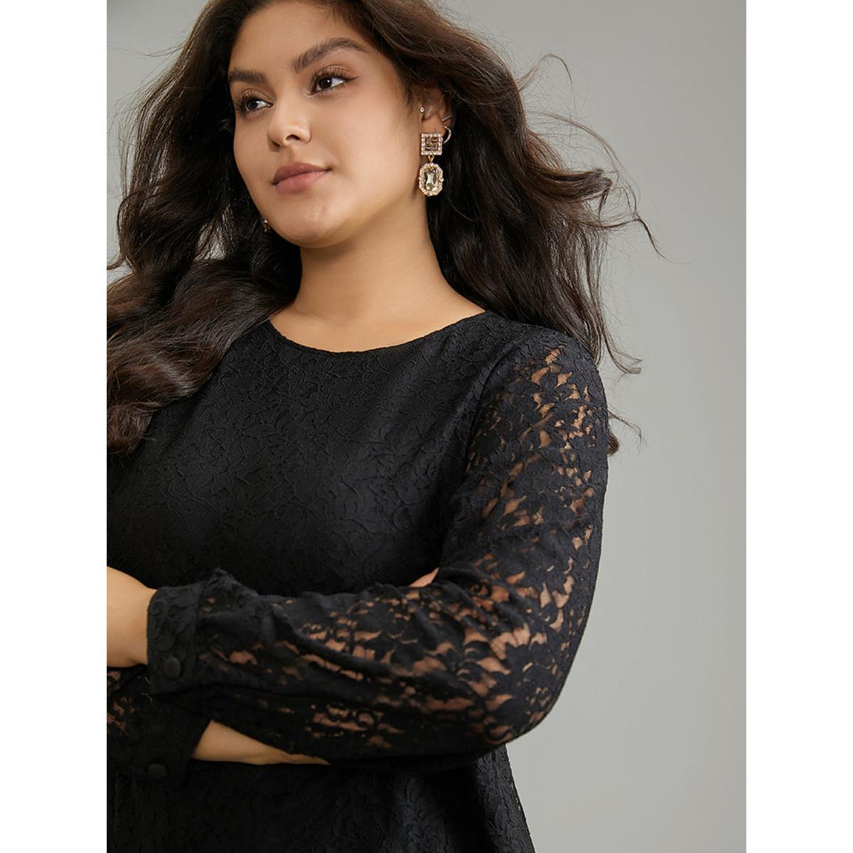 Plus Size Black Solid Crochet Lace Mesh Crew Neck Blouse Women Timeless Long Sleeve Round Neck Elegant Blouses BloomChic 30/6X Product Image