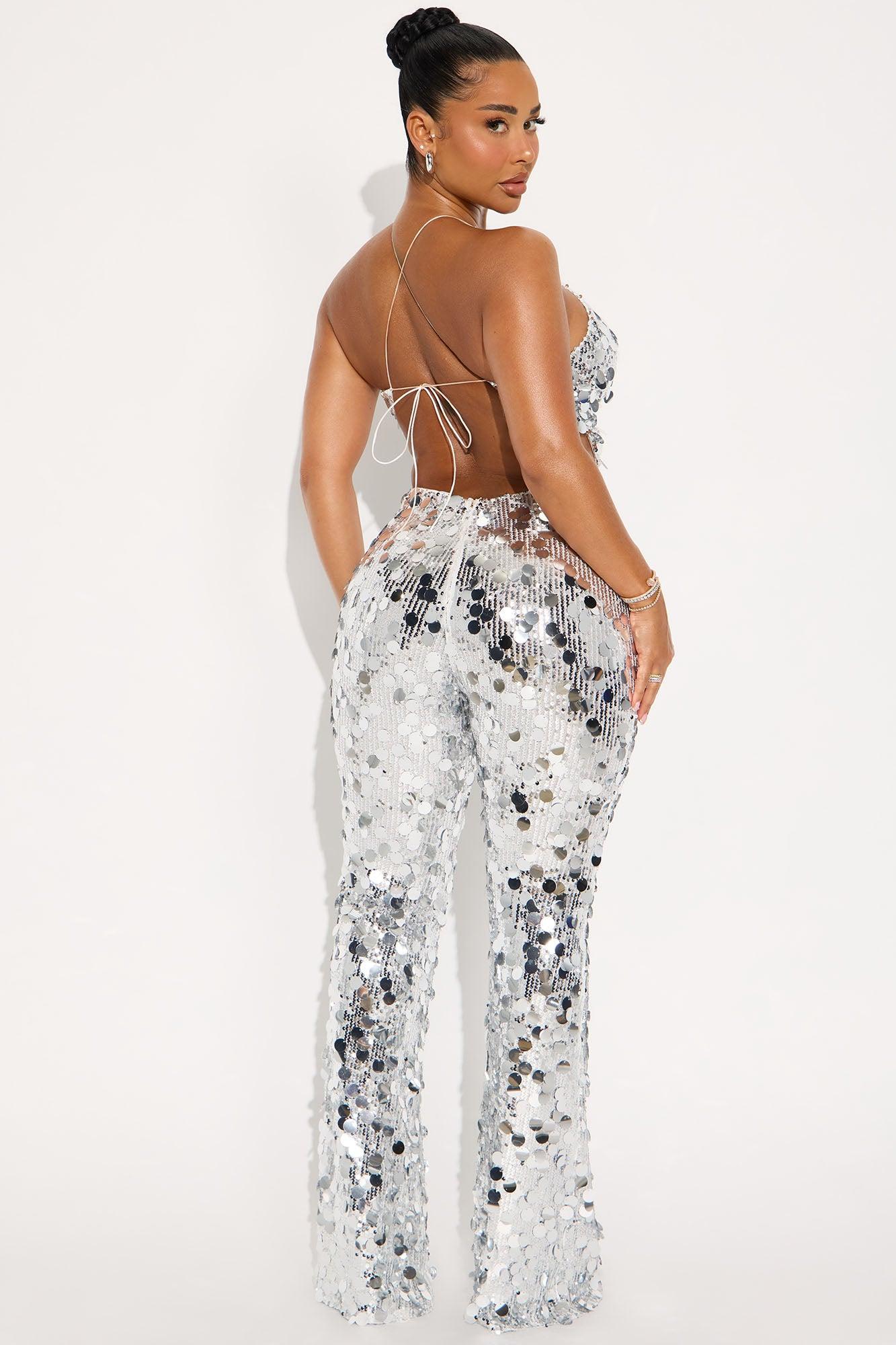 Mirror Me Sequin Halter Backless Pant Set - Silver Female Product Image