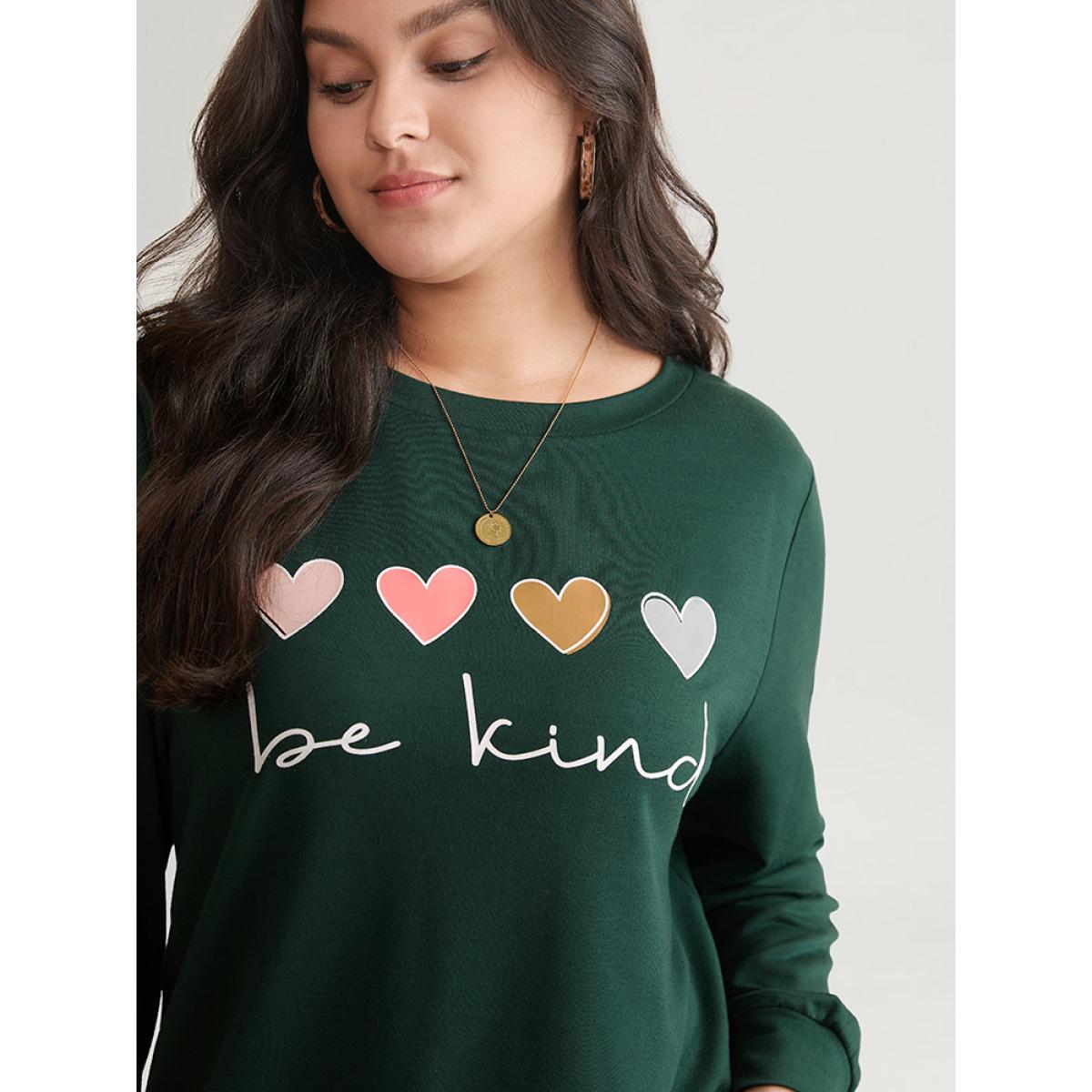 Plus Size Slogans Heart Print Round Neck Sweatshirt Women DarkGreen Casual Printed Dailywear Sweatshirts BloomChic 12/L Product Image