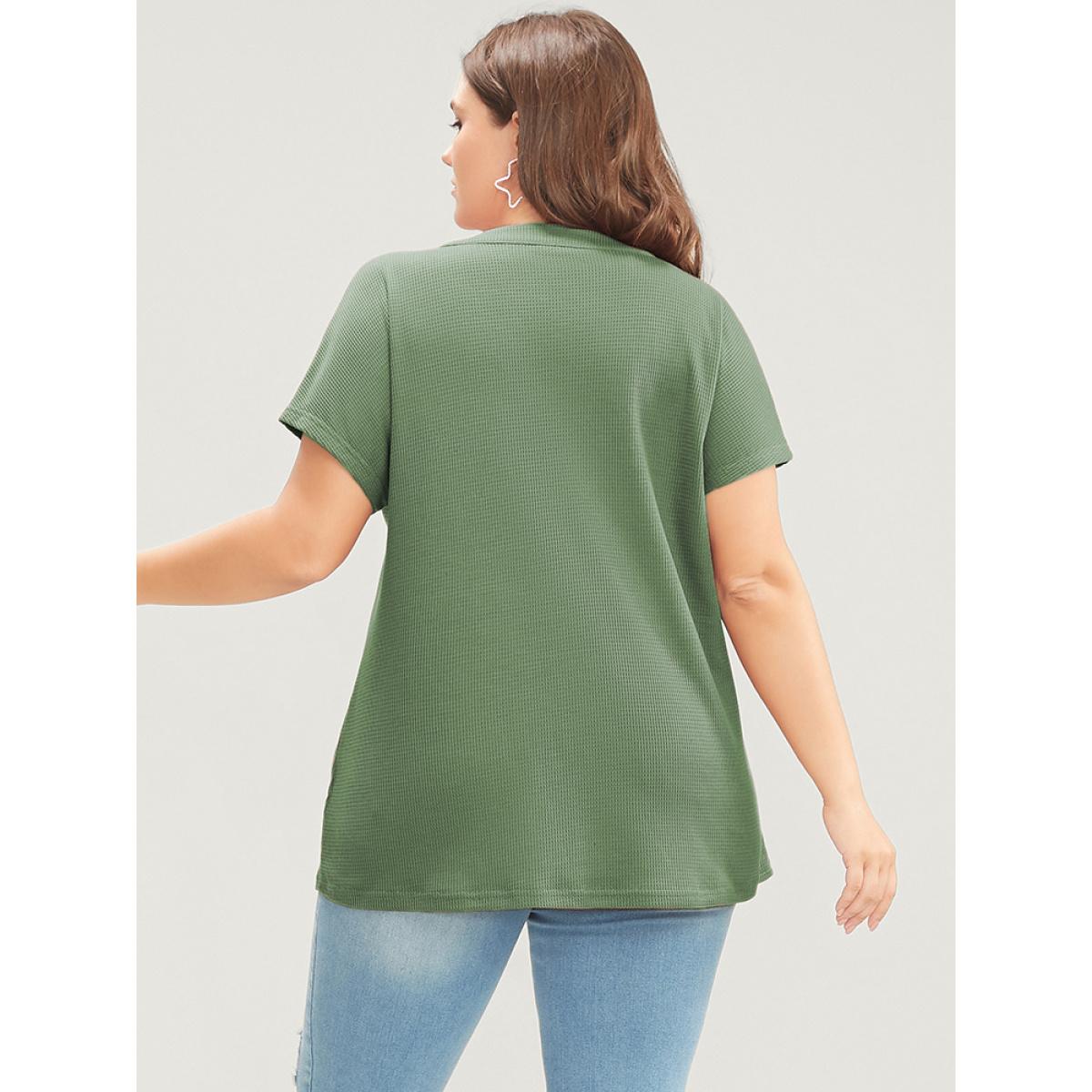 Plus Size Solid Dolman Sleeve Button Detail Waffle Knit T-shirt Mint Women Casual Button Plain V-neck Dailywear T-shirts BloomChic 22-24/3X Product Image