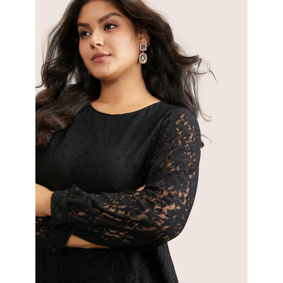 Plus Size Black Solid Crochet Lace Mesh Crew Neck Blouse Women Timeless Long Sleeve Round Neck Elegant Blouses BloomChic 30/6X Product Image