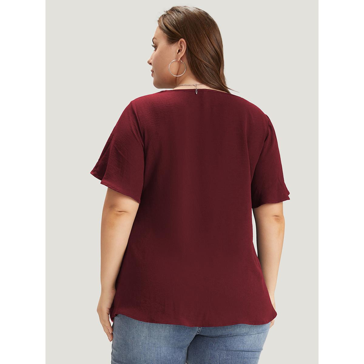 Plus Size Burgundy Solid Pleated V Neck Blouse Women Office Short sleeve V-neck Dailywear Blouses BloomChic 22-24/3X Product Image
