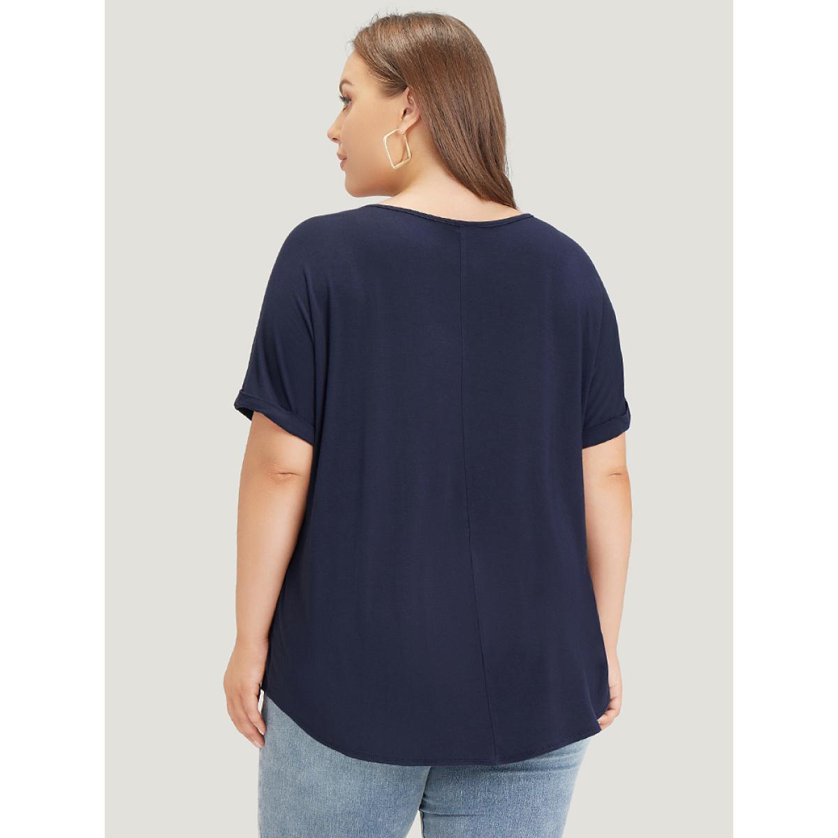 Plus Size Solid Notched Crisscross Roll Batwing Sleeve T-shirt Midnight Women Elegant Arc Hem Plain Notched collar Dailywear T-shirts BloomChic 14-16/1X Product Image