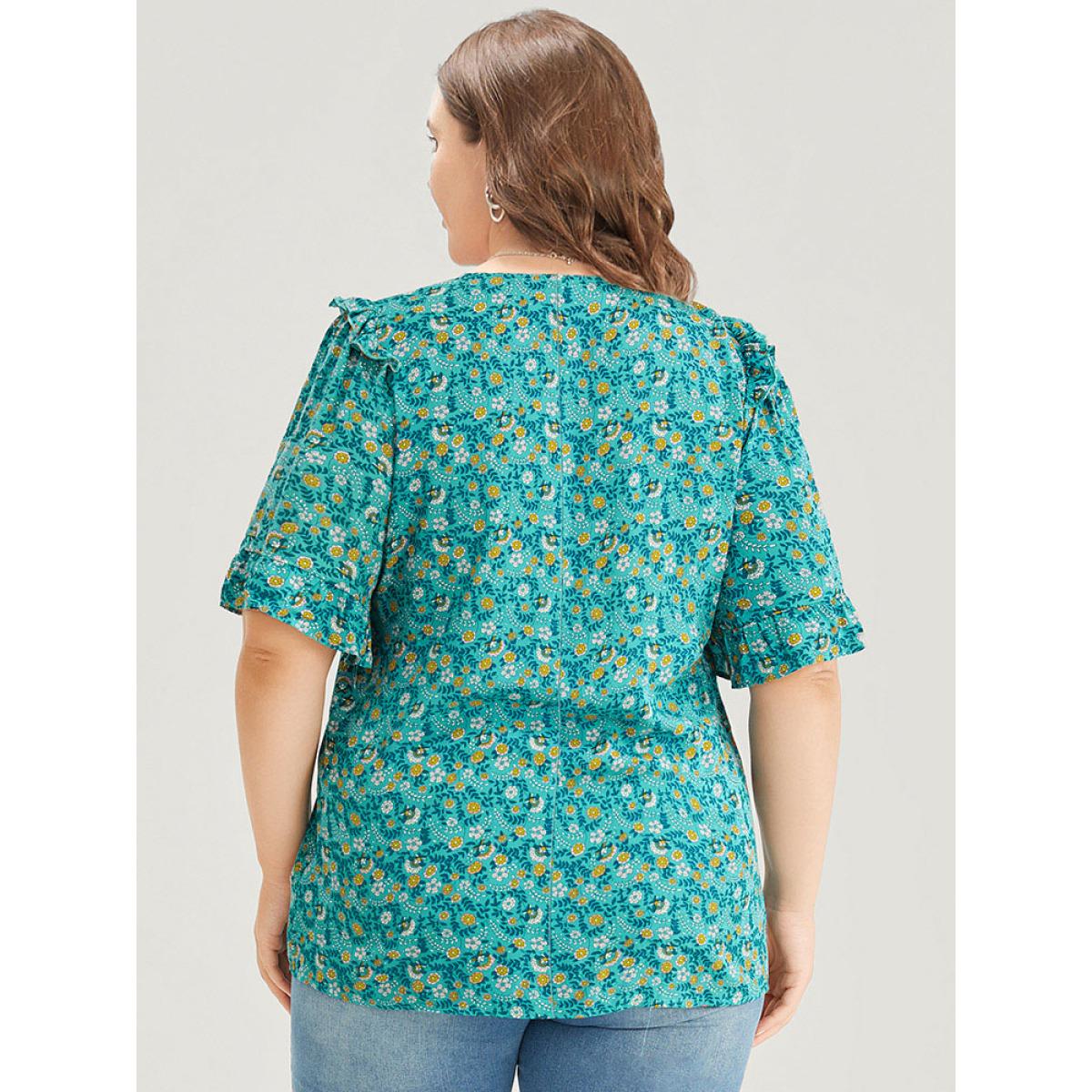 Plus Size Emerald Bandana Ruffle Trim Knot Front Button Detail Blouse Women Elegant Short sleeve V-neck Dailywear Blouses BloomChic 12/L Product Image