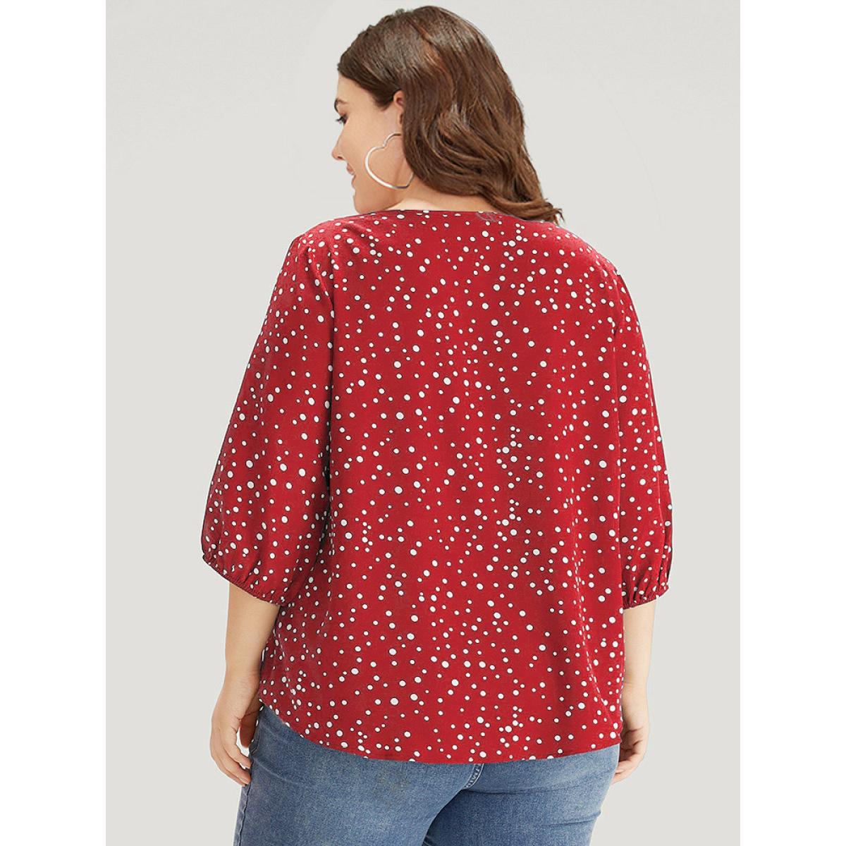 Plus Size Raspberry Polka Dot Knot Neck Arc Hem Blouse Women Elegant Elbow-length sleeve Tie Neck Dailywear Blouses BloomChic 12/L Product Image