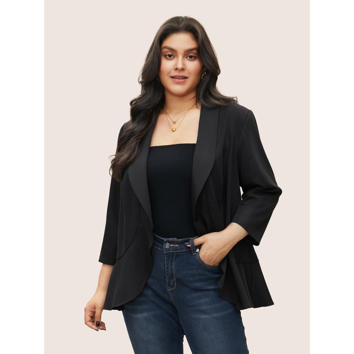 Plus Size Solid Patchwork Ruffles Blazer Black Women Work Plain Non Sleeve Elbow-length sleeve Suit Collar 28/5X At the Office Blazers BloomChic Product Image