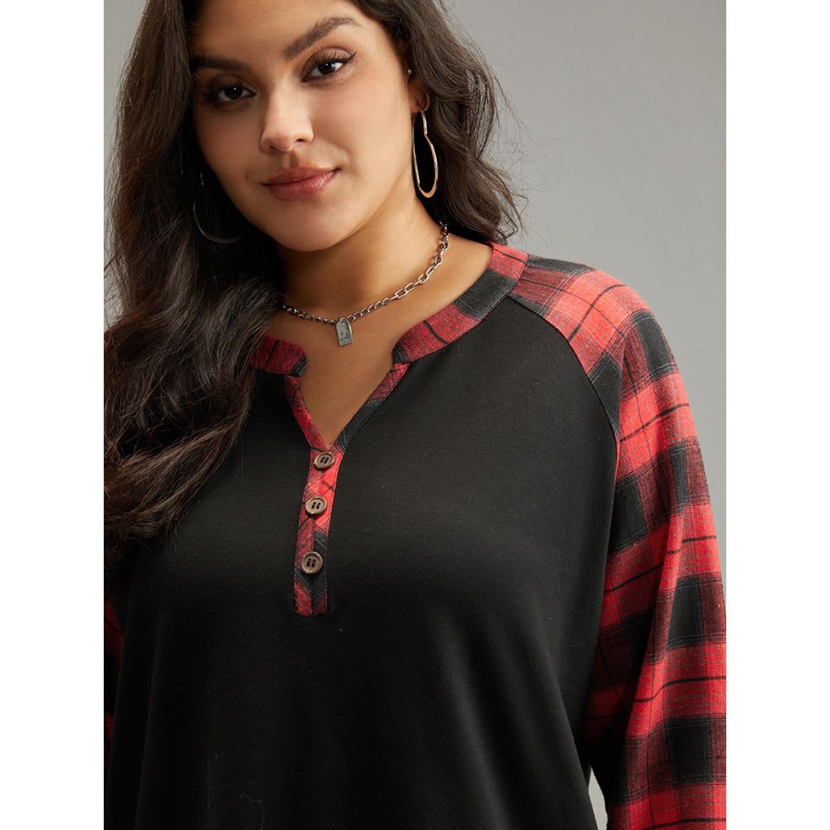 Plus Size Plaid Patchwork Notched Button Detail Sweatshirt Women Red Casual Patchwork Notched collar Everyday Sweatshirts BloomChic 26/4X Product Image