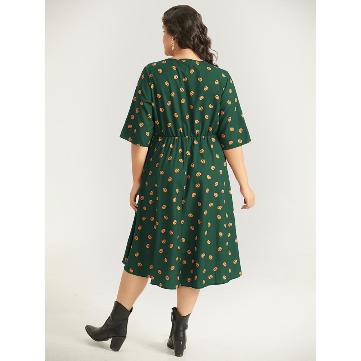 Plus Size Halloween Pumpkin Print Pocket Elastic Waist Dress DarkGreen Women Elegant Gathered V-neck Half Sleeve Curvy Midi Dress BloomChic 12/L Product Image