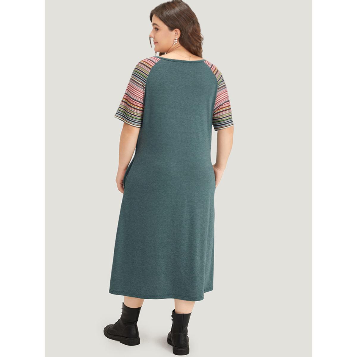 Plus Size Supersoft Essentials Striped Patchwork Pocket Stitch Raglan Sleeve Dress DarkGreen Women Casual Patchwork Round Neck Short sleeve Curvy Midi Dress BloomChic 10/M Product Image