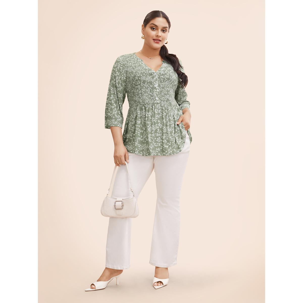 Plus Size Greenbean Ditsy Floral Pleated Button Detail Blouse Women Elegant Elbow-length sleeve Flat collar with V-notch Everyday Blouses BloomChic 30/6X Product Image