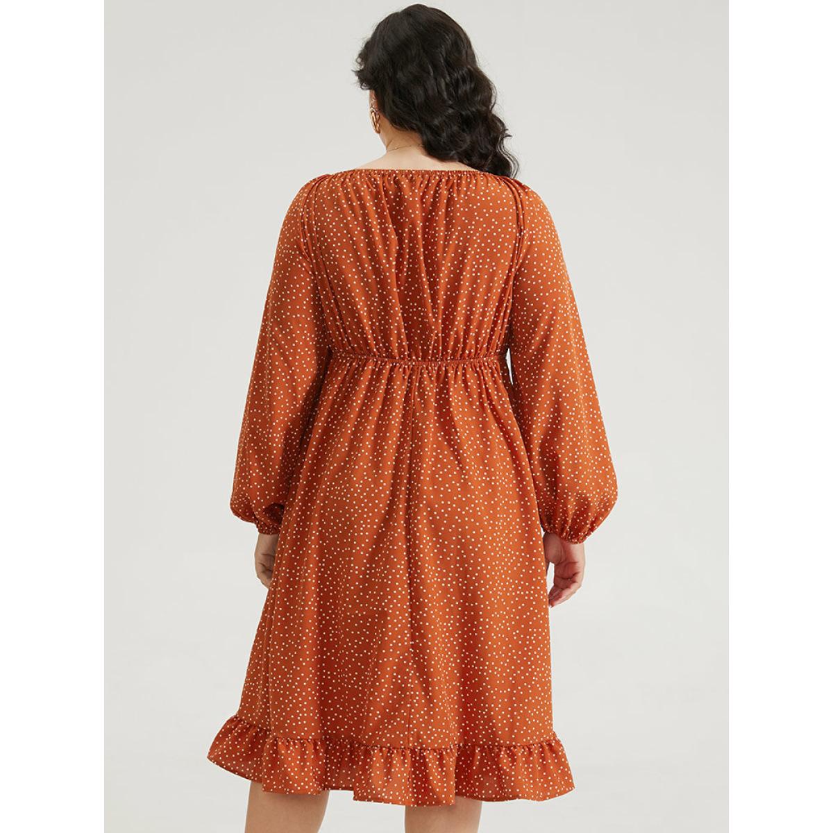 Plus Size Polka Dot Ruched Square Neck Dress Rust Women Elegant Elastic cuffs Square Neck Long Sleeve Curvy Midi Dress BloomChic 12/L Product Image