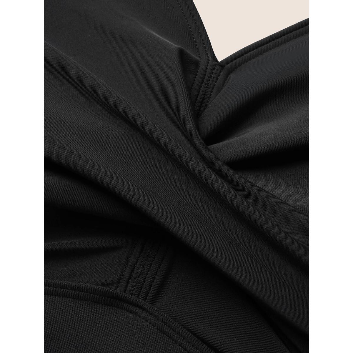 Plus Size Solid Ruffles Gathered See Through Swim Dress Women's Swimwear Black Beach Bodycon V-neck High stretch Curve Swim Dresses BloomChic 12/L Product Image