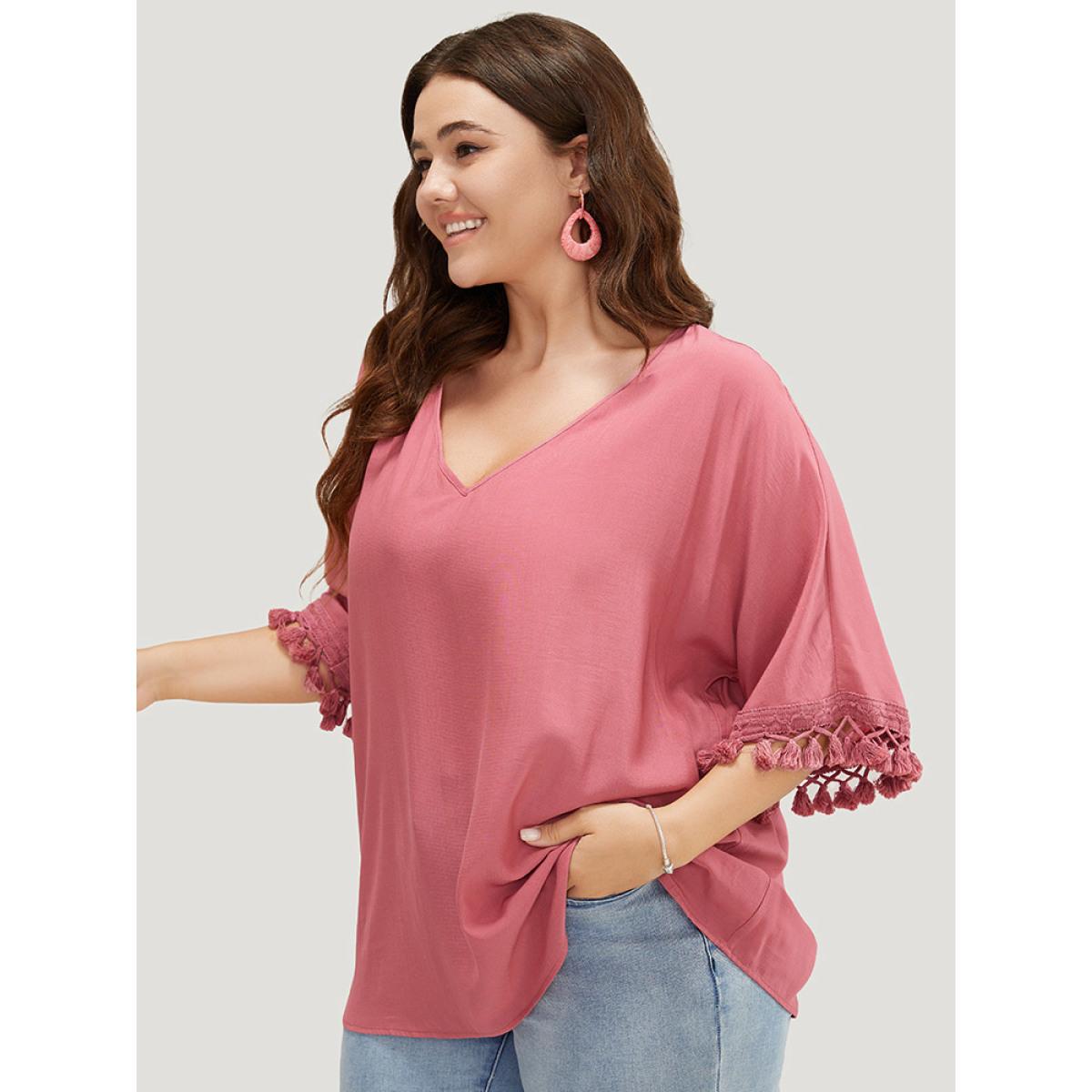 Plus Size DustyPink Solid Tassels Detail Flounce Sleeve Blouse Women Vacation Elbow-length sleeve V-neck Dailywear Blouses BloomChic 14-16/1X Product Image