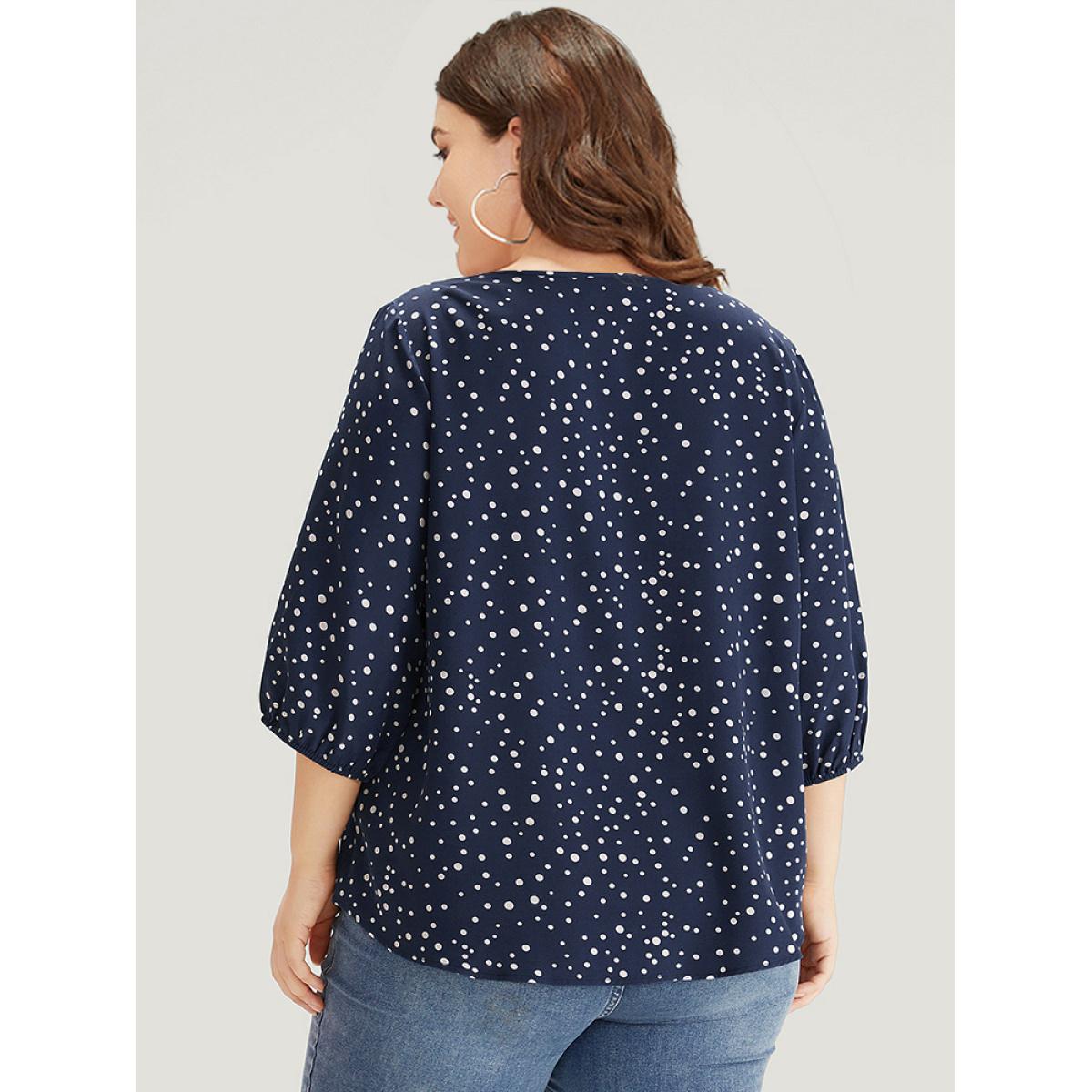 Plus Size Black Polka Dot Knot Neck Arc Hem Blouse Women Elegant Elbow-length sleeve Tie Neck Dailywear Blouses BloomChic 30/6X Product Image