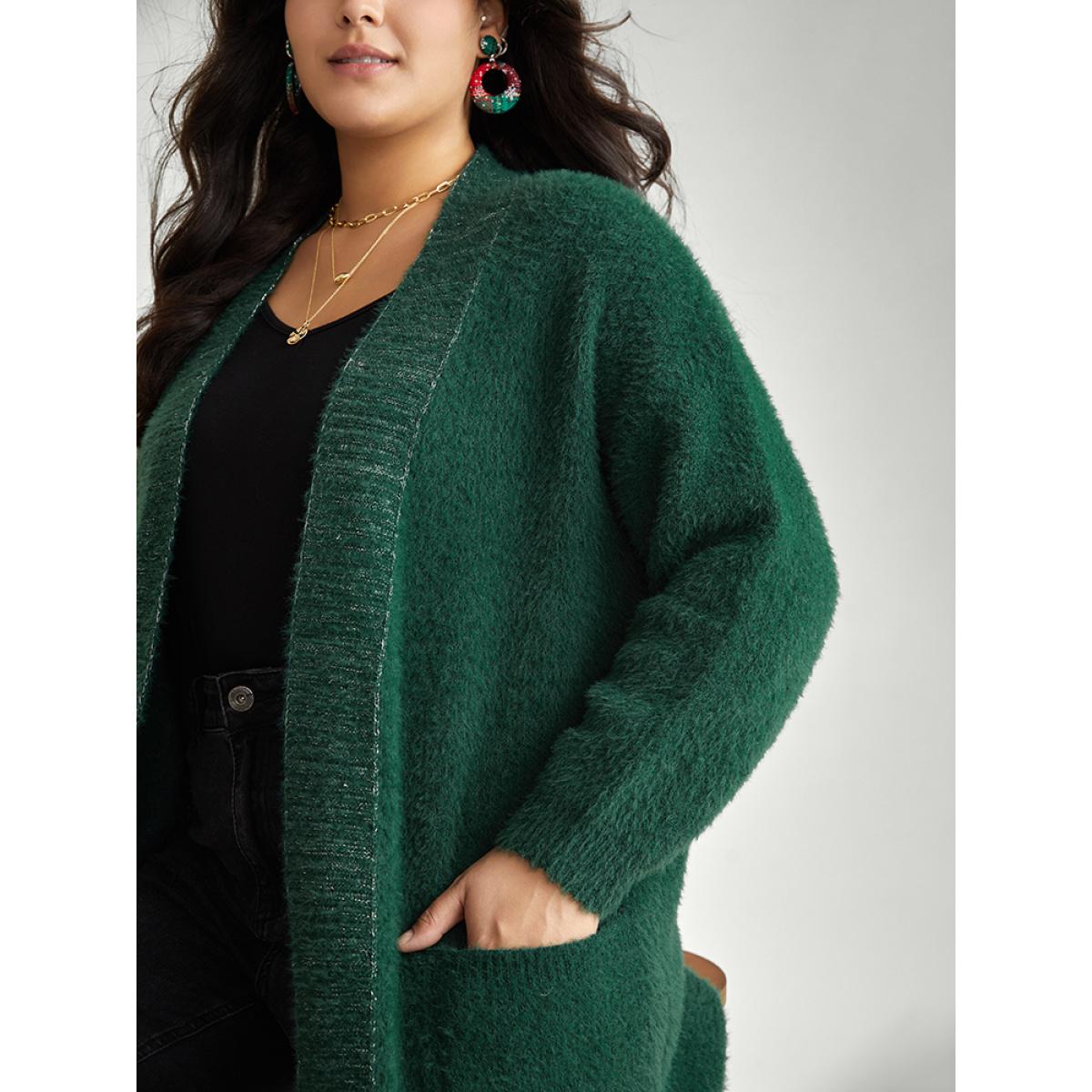 Plus Size Lurex Fuzzy Patched Pocket Tunic Cardigan DarkGreen Women Casual Loose Long Sleeve Dailywear Cardigans BloomChic 10/M Product Image