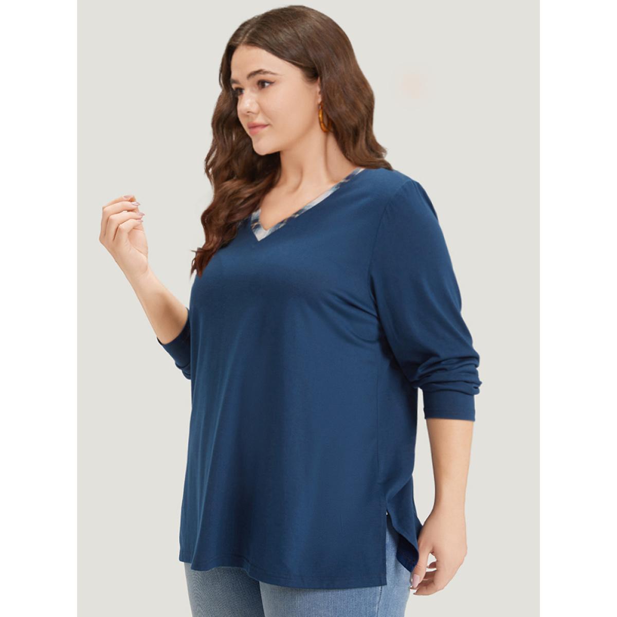 Plus Size Plaid Patchwork V Neck Split Side T-shirt Indigo Women Casual Patchwork Gingham V-neck Dailywear T-shirts BloomChic 26/4X Product Image