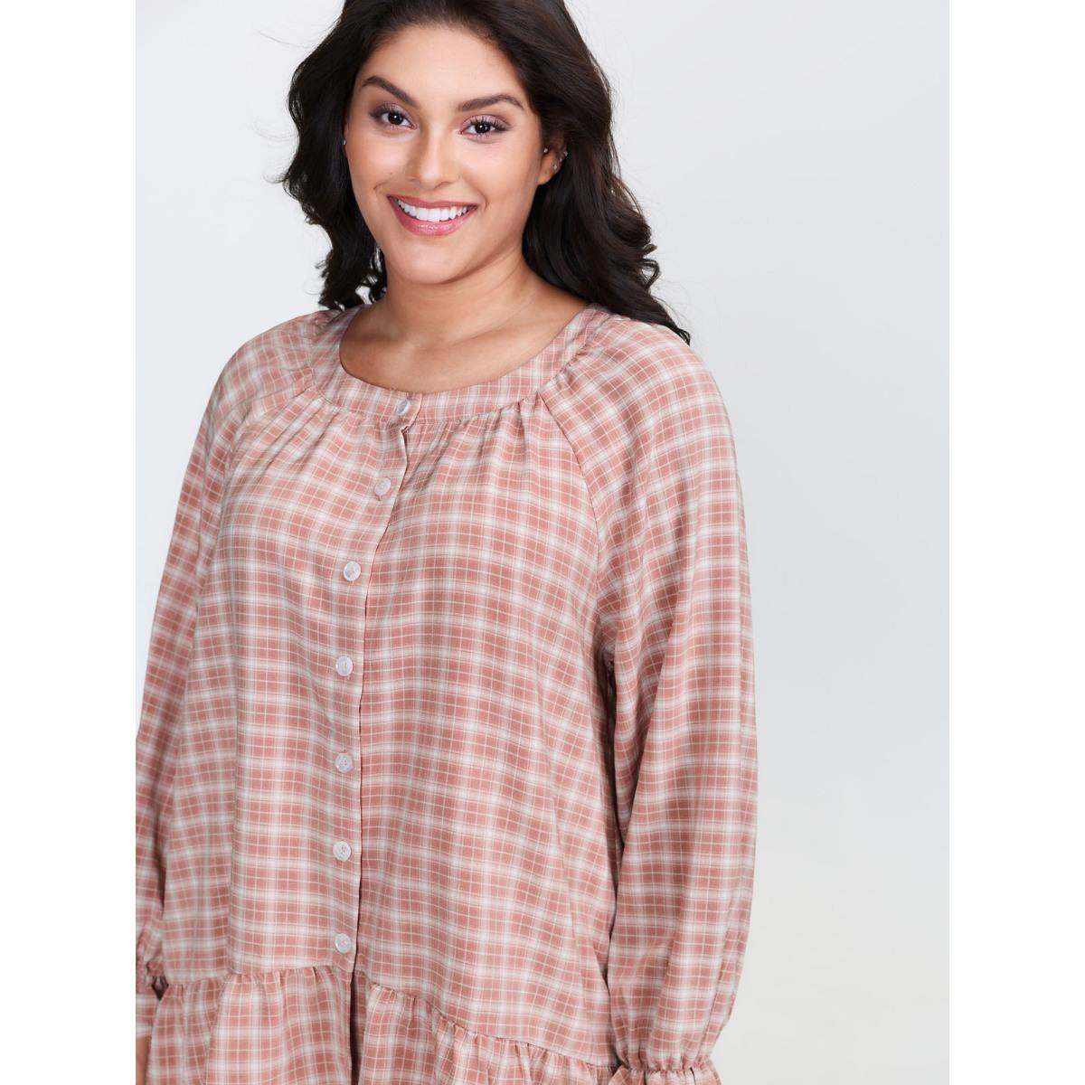 Plus Size Gingham Ruffled Hem Loungewear Set Women Rouge Button Extra Long Sleeve Round Neck Leisure Loungewear Sets BloomChic 26/4X Product Image