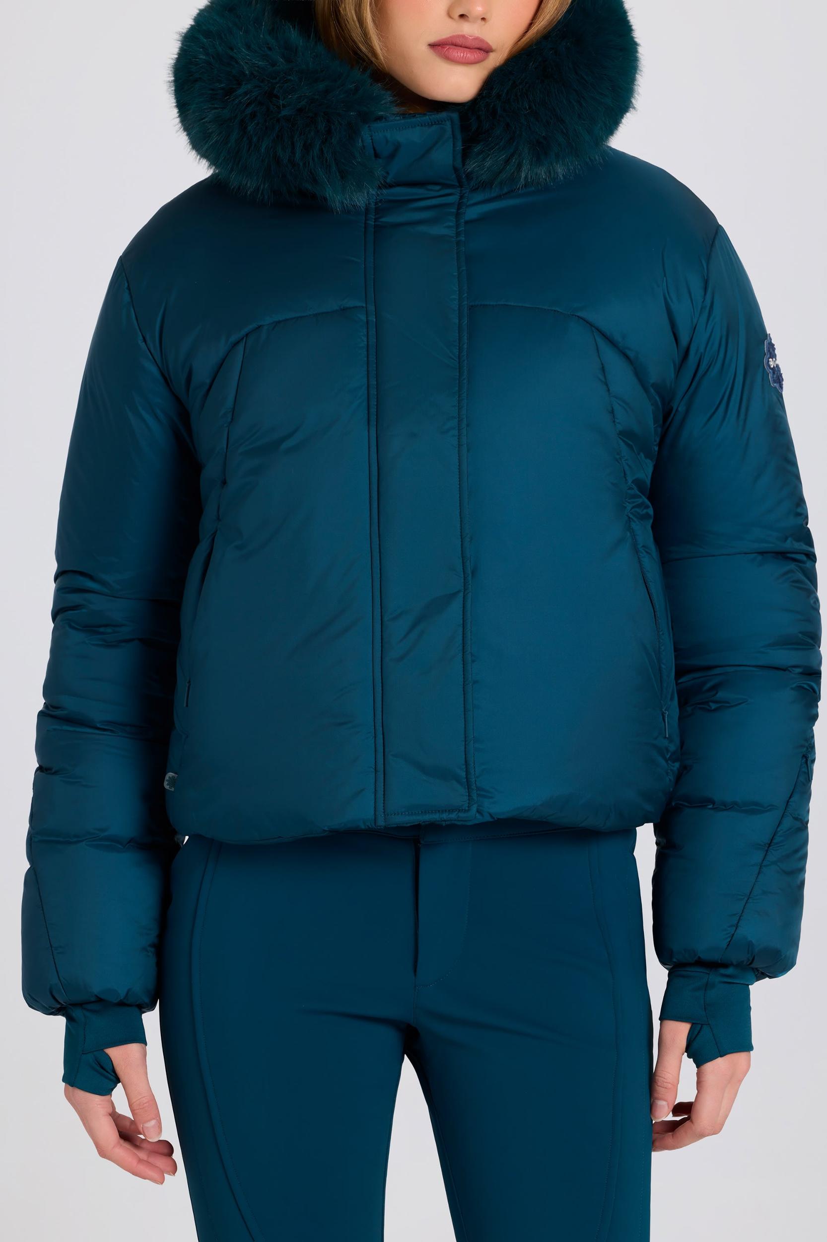 Waterproof Faux-Fur Hood Cropped Ski Jacket in Teal Product Image