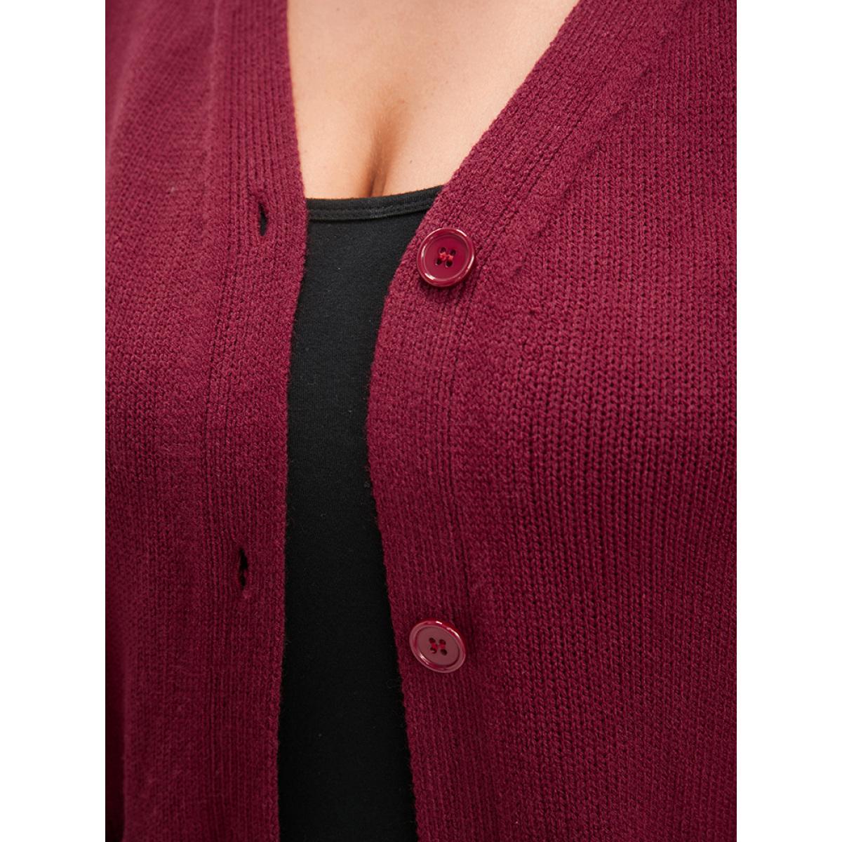 Plus Size Solid Pointelle Knit Pocket Belted Button Front Cardigan Scarlet Women Casual Loose Long Sleeve Office Cardigans BloomChic 26/4X Product Image