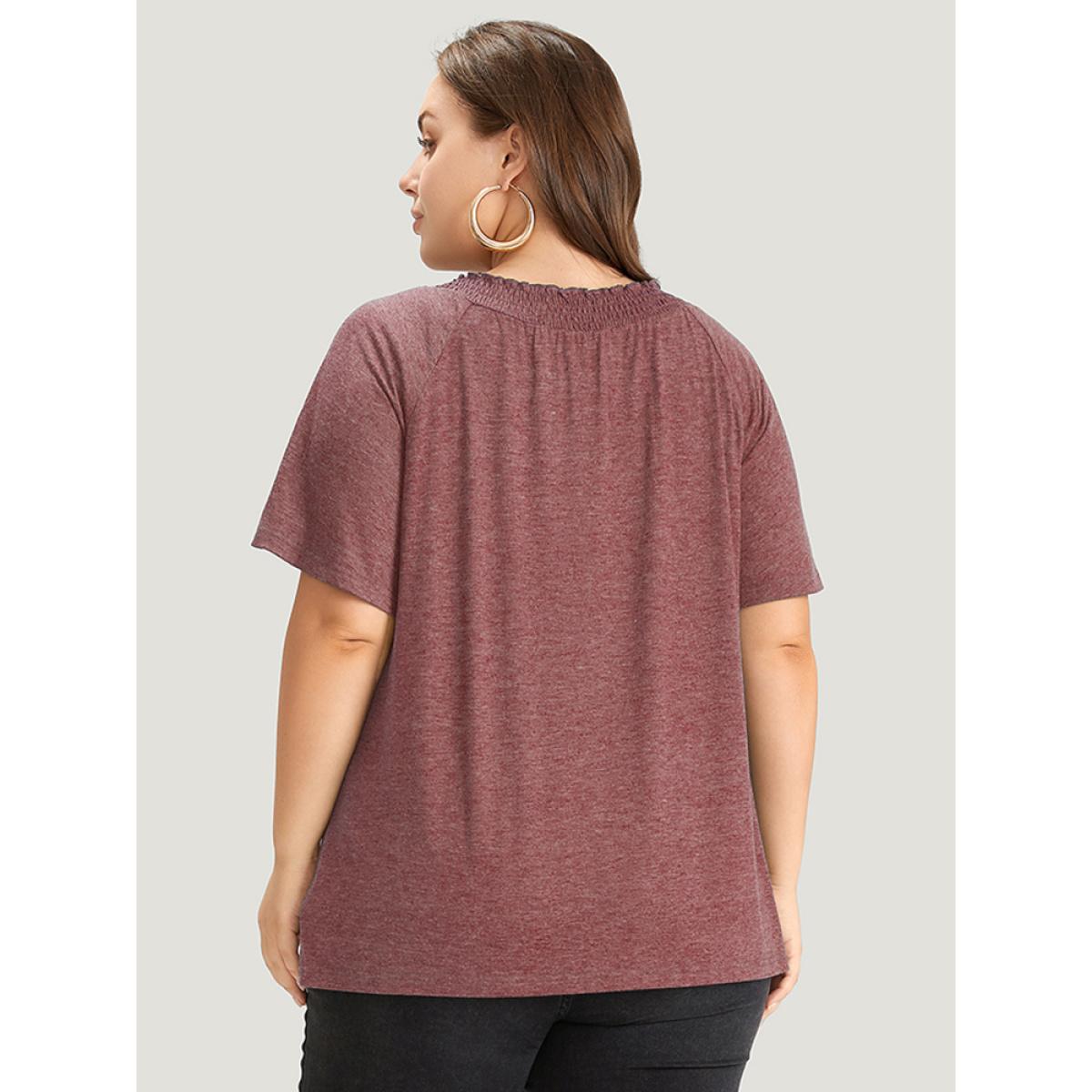 Plus Size Plain Shirred Crew Neck Flutter Sleeve T-shirt Russet Women Elegant Gathered Plain Round Neck Dailywear T-shirts BloomChic 28/5X Product Image