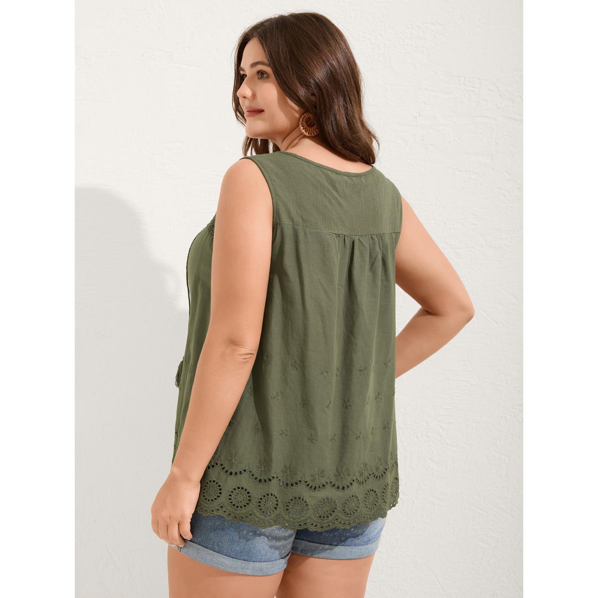 Plus Size Cotton Eyelet Embroidered Flowy Tank Top Women ArmyGreen Boho Woven ribbon&lace trim Notched collar Vacation Tank Tops Camis BloomChic 30/6X Product Image