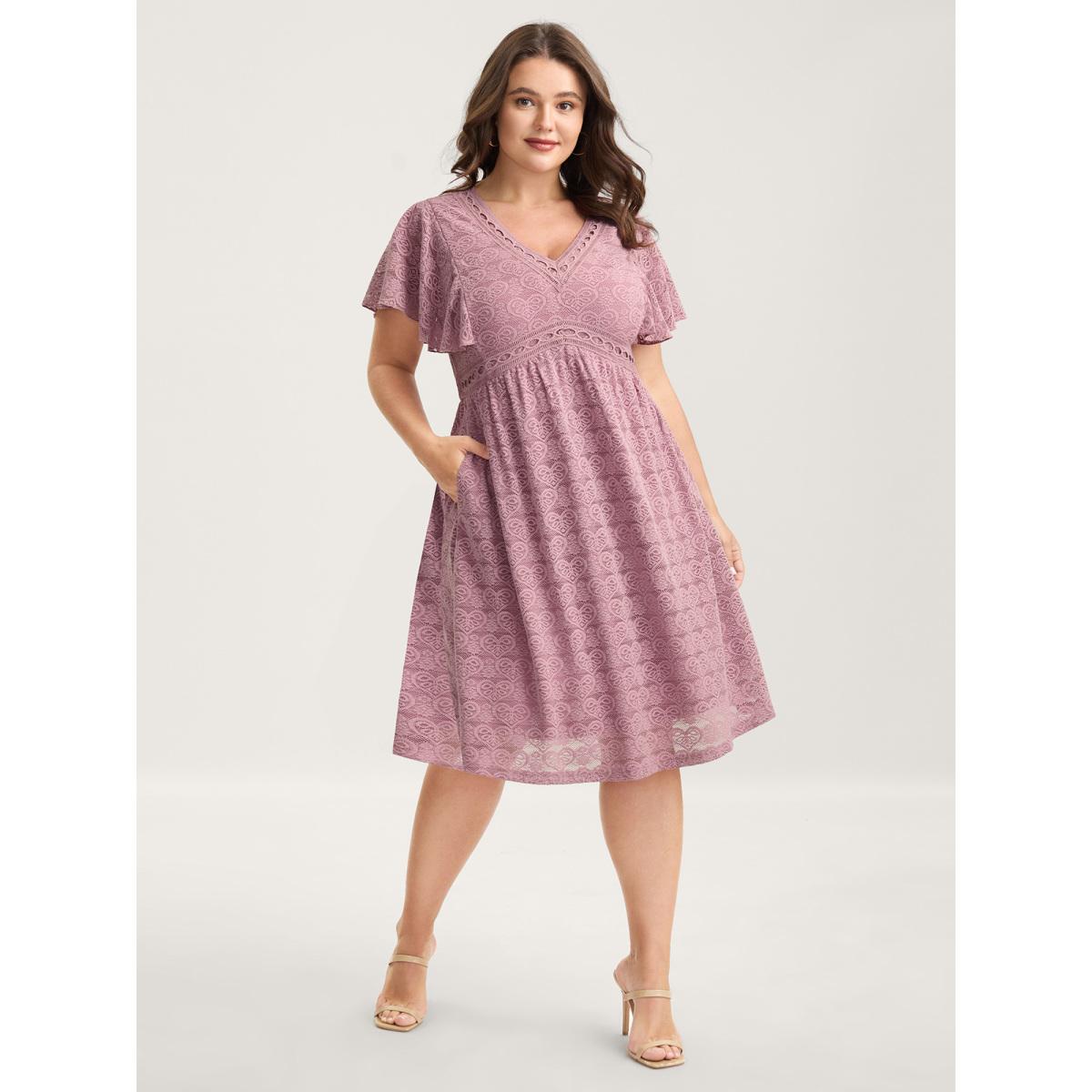 Plus Size Lace Elegance Ruffled Stretchy-Waist Midi Dress Rouge Women V-neck Cap Sleeve Curvy BloomChic 28/5X Product Image