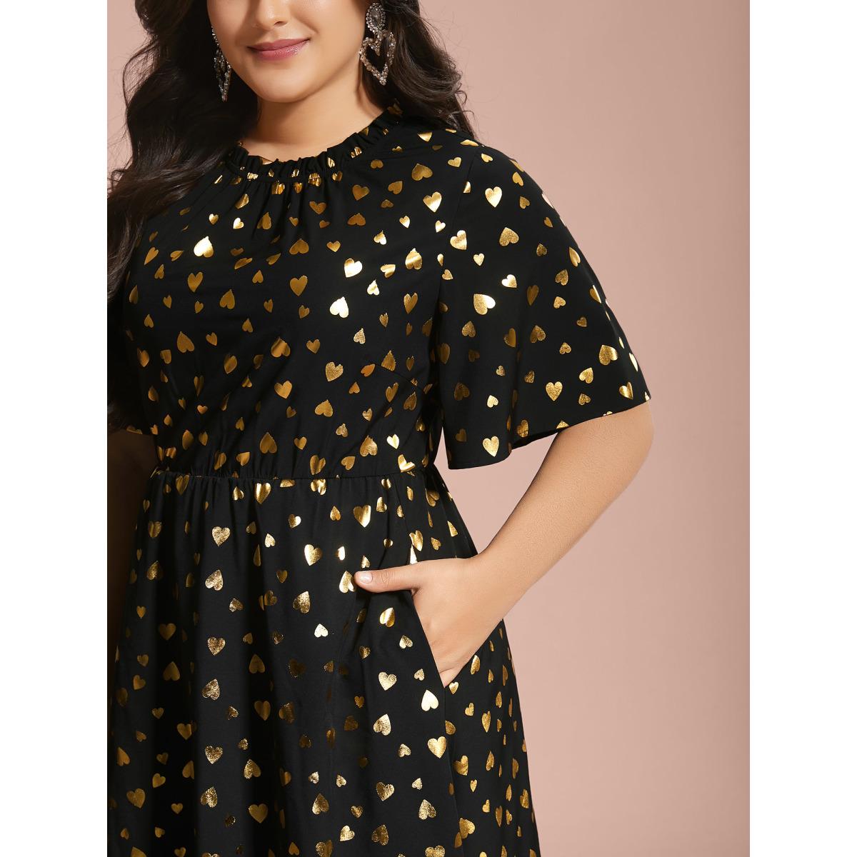 Plus Size Glitter Heart Print Stretchy Waist Dress BlackFlower Women Cocktail Texture Party Curvy Bloomchic 10/M Product Image