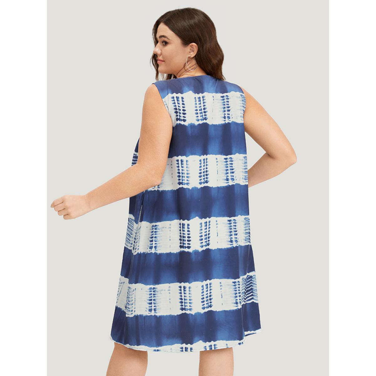 Plus Size Tie Dye Mesh Patchwork Ruffle Hem Tank Dress Indigo Women Vacation Gathered Round Neck Sleeveless Curvy Knee Dress BloomChic 14-16/1X Product Image