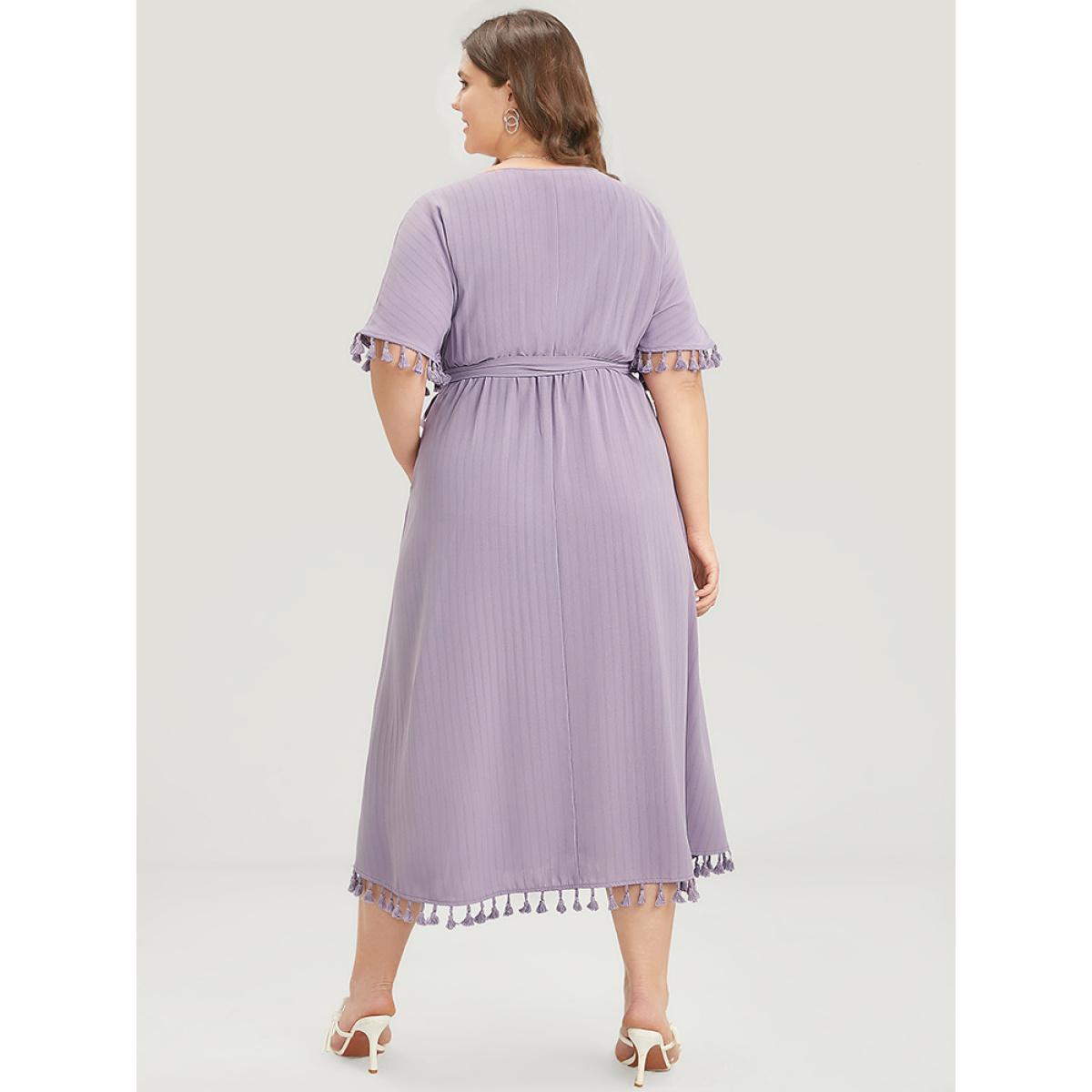 Plus Size Plain Striped Dolman Sleeve Split Belted Tassels Trim Dress Mauve Women Elegant Elastic Waist V-neck Half Sleeve Curvy Midi Dress BloomChic 28/5X Product Image
