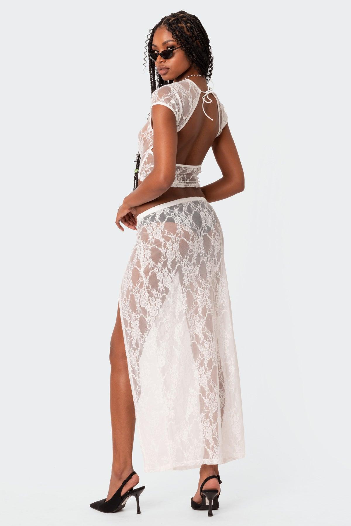 Aura Low Rise Sheer Lace Maxi Skirt Product Image