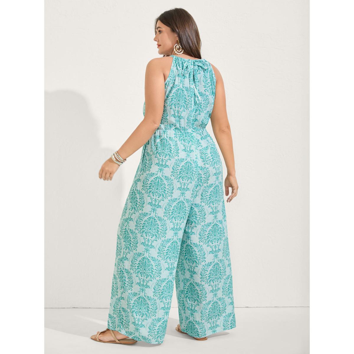 Plus Size Turquoise Rayon Damask Print Stretchy Waist Jumpsuit Women Boho Sleeveless Halter neck Vacation Loose Jumpsuits BloomChic 28/5X Product Image