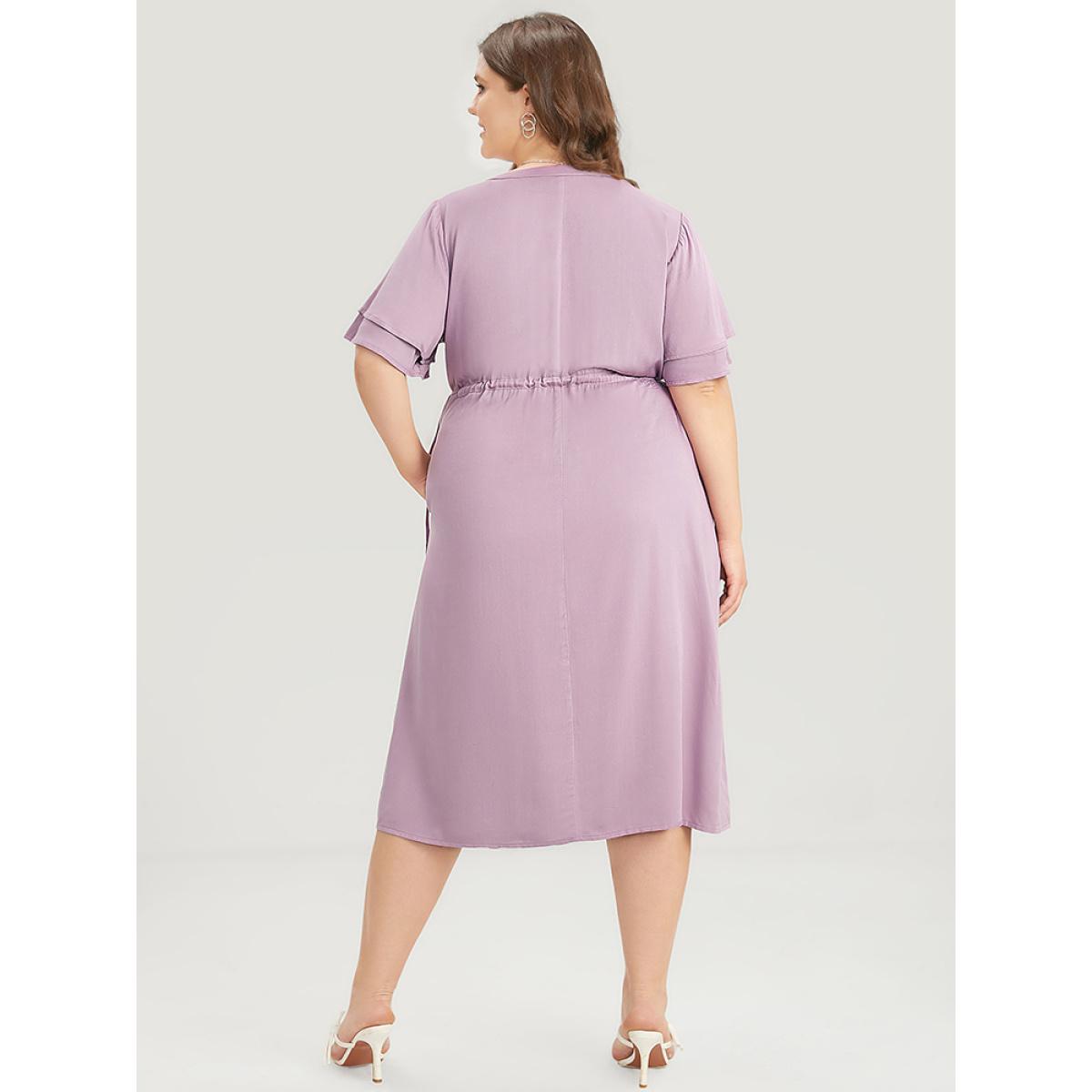 Plus Size Solid V Neck Ruffle Tiered Sleeve Pocket Drawstring Dress Mauve Women Office Drawstring V-neck Short sleeve Curvy Midi Dress BloomChic 14-16/1X Product Image